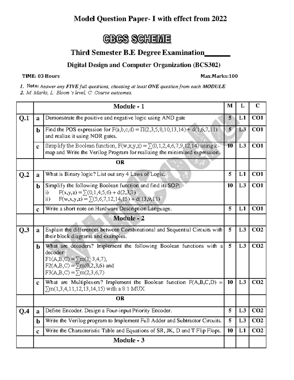 Model Question Paper-I for Digital Design & Computer Org (BCS302) - Studocu
