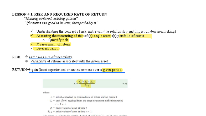 Lesson 4.1: Understanding Risk and Required Rate of Return - Studocu