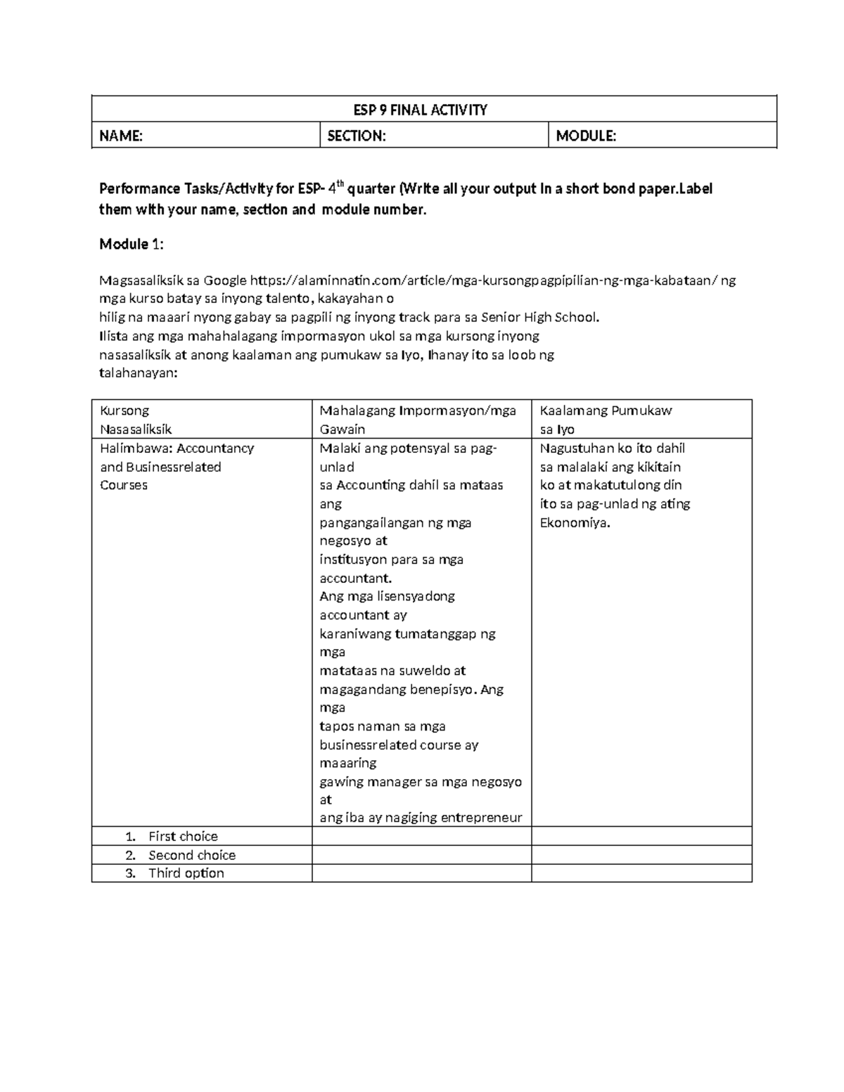ESP 9 Final Activity: Performance Assessment for 4th Quarter - Studocu