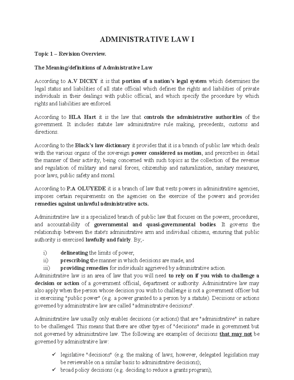 ADMINISTRATIVE LAW I: Topic 1 Revision Overview and Key Concepts - Studocu