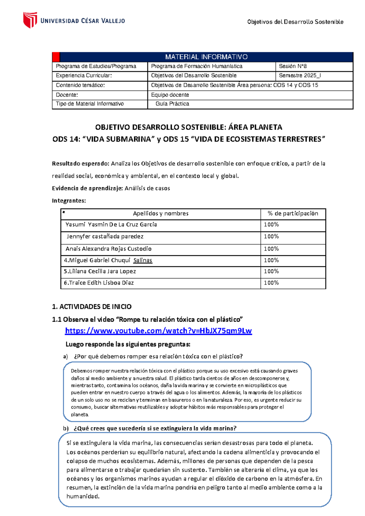 Guía Práctica N° 08: Objetivos de Desarrollo Sostenible ODS 14 y ODS 15 ...