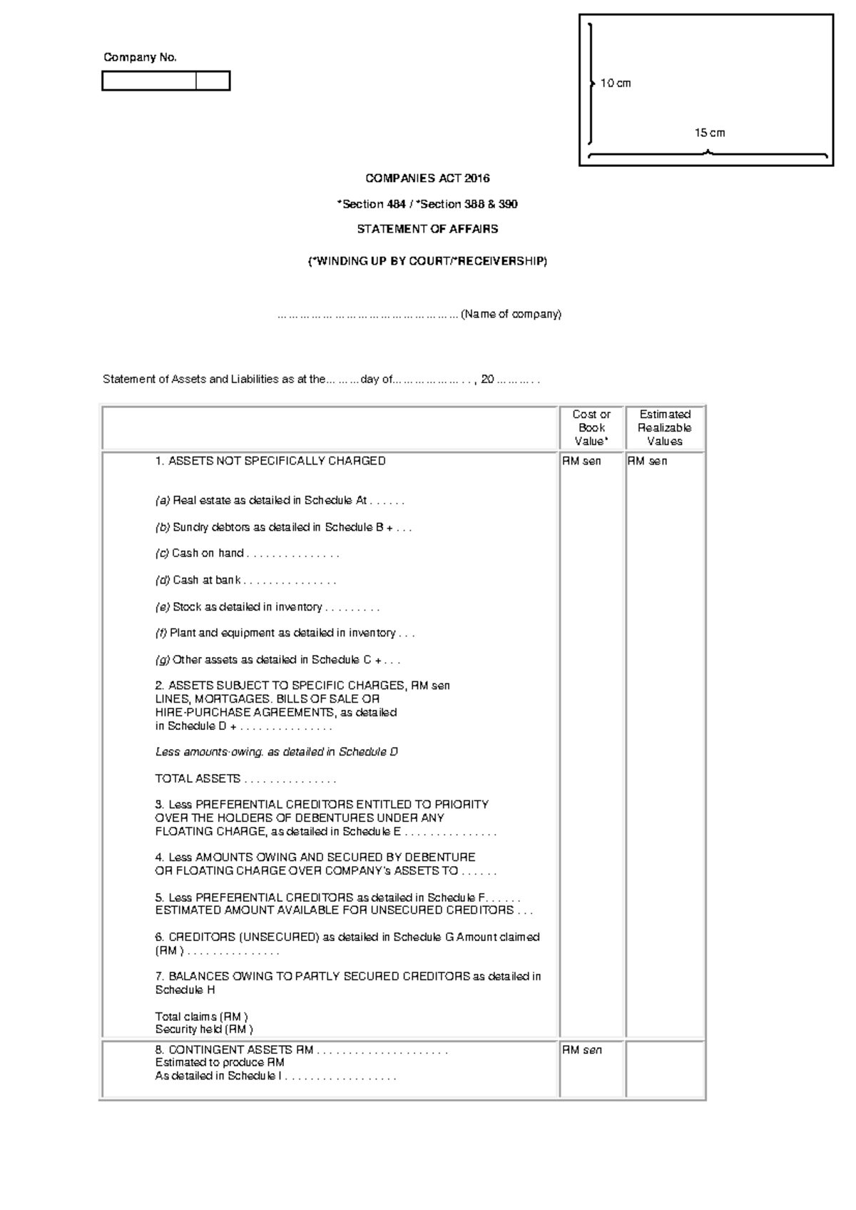 Statement of Affairs under Companies Act 2016 (Sections 484, 388, 390 ...