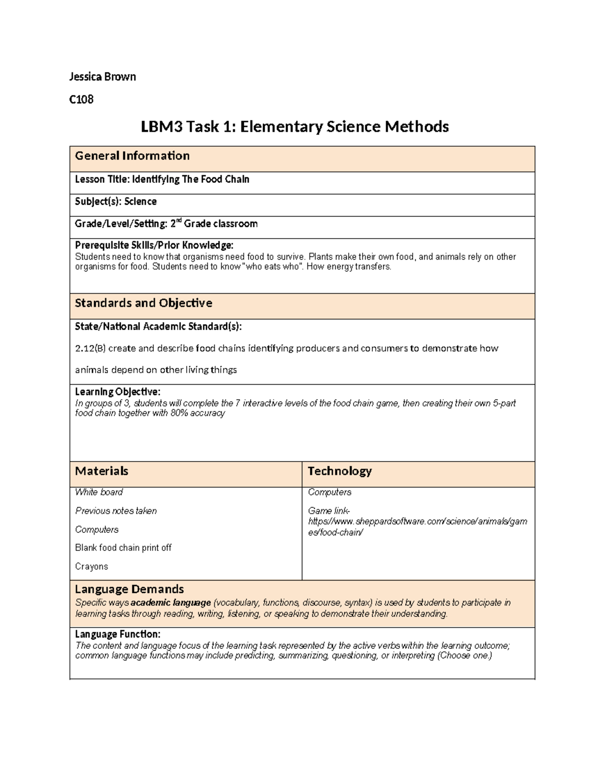 C108 LBM3 Task 1 - Passed - Jessica Brown C LBM3 Task 1: Elementary ...