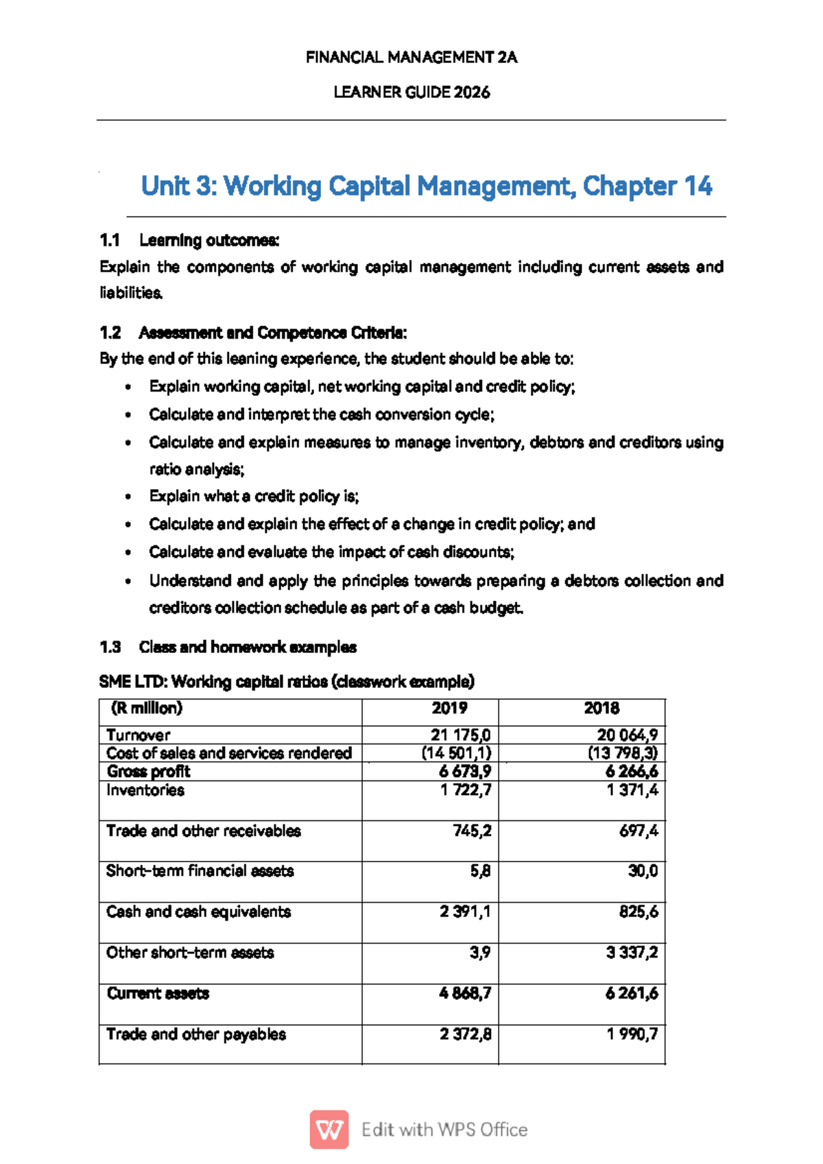 FINANCIAL MANAGEMENT 2A LEARNER GUIDE 2026: Unit 3 Working Capital ...