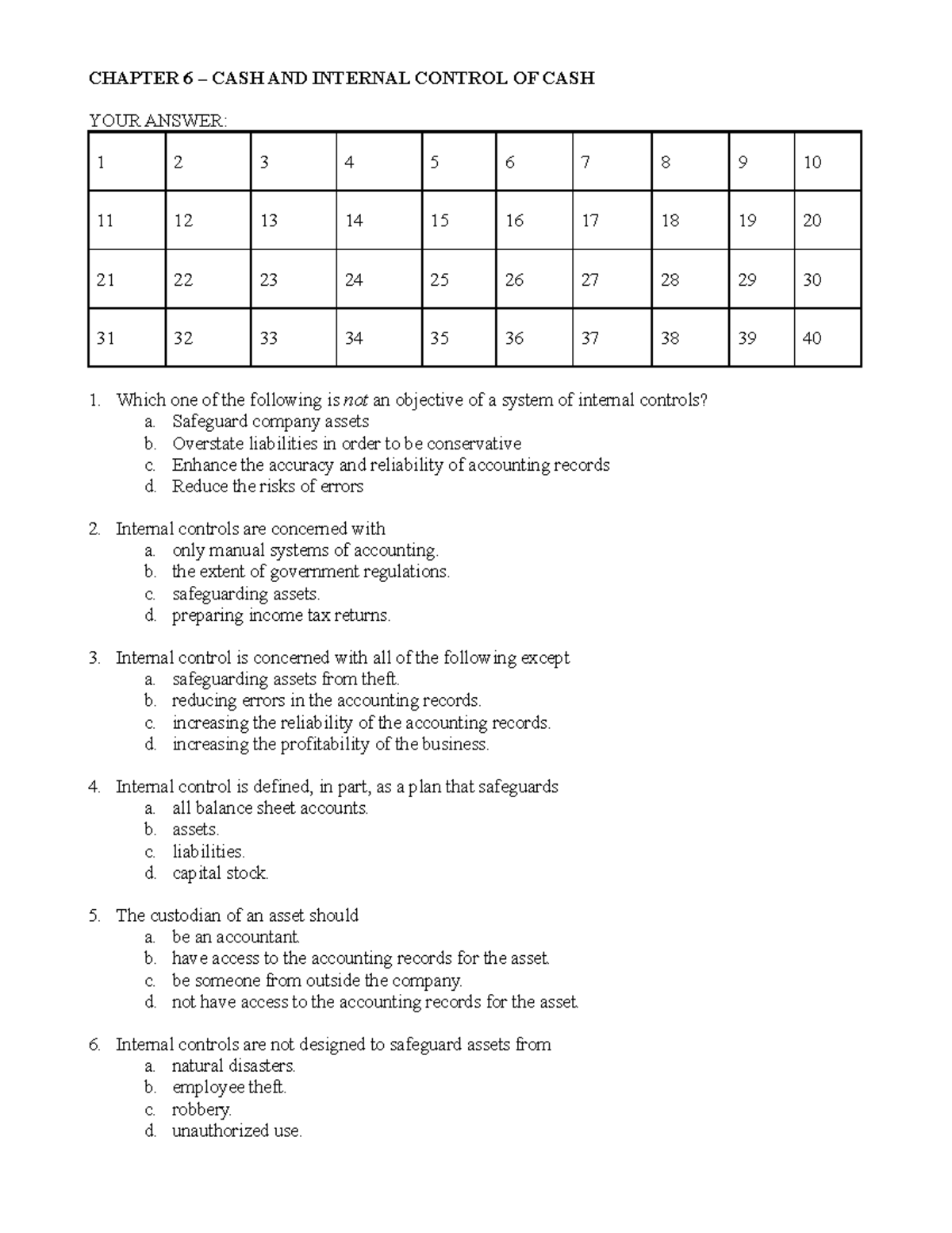 CHAPTER 6: CASH AND INTERNAL CONTROL - MCQ Review - Studocu