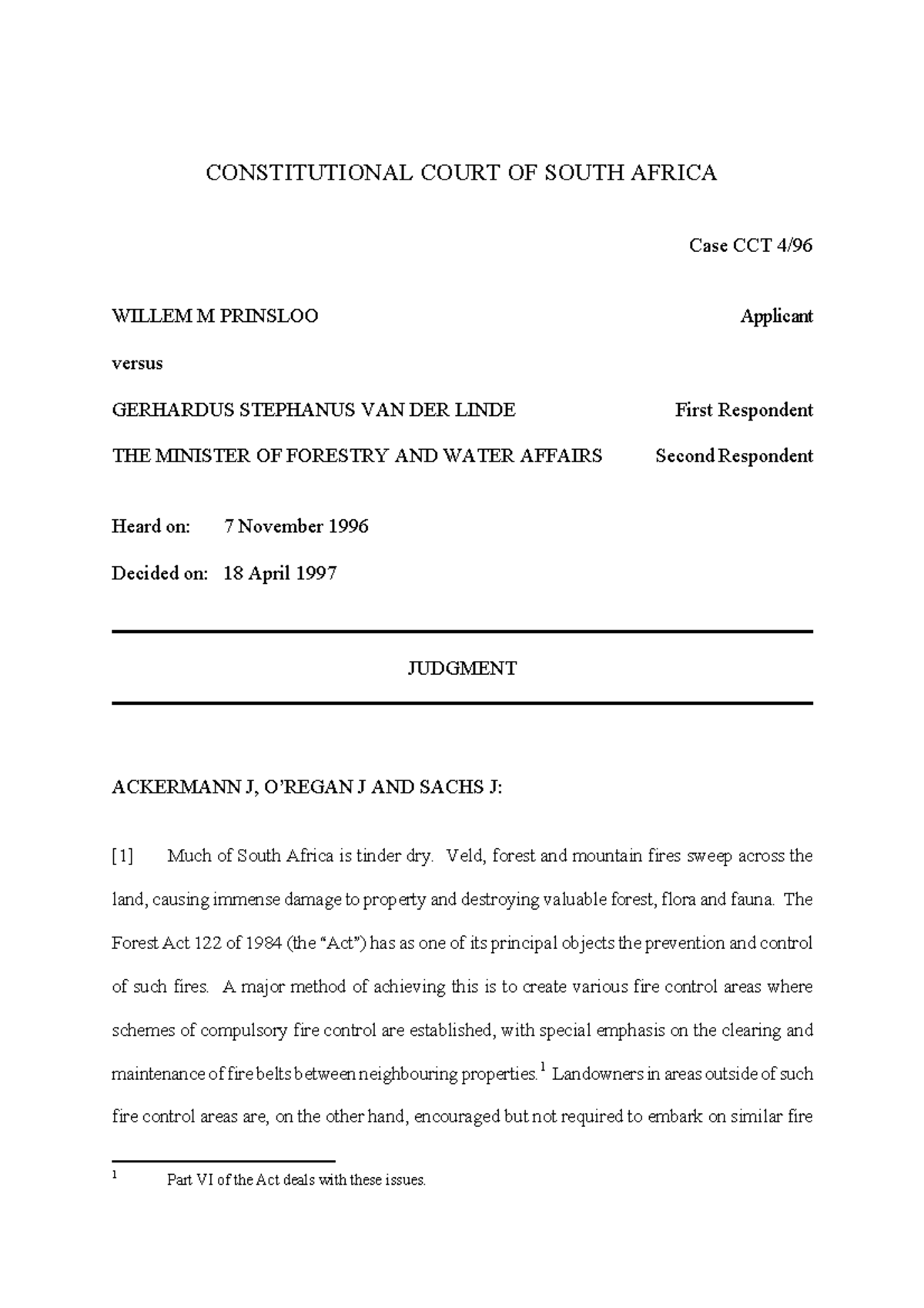 Prinsloo v Van der Linde: Constitutional Implications of Fire