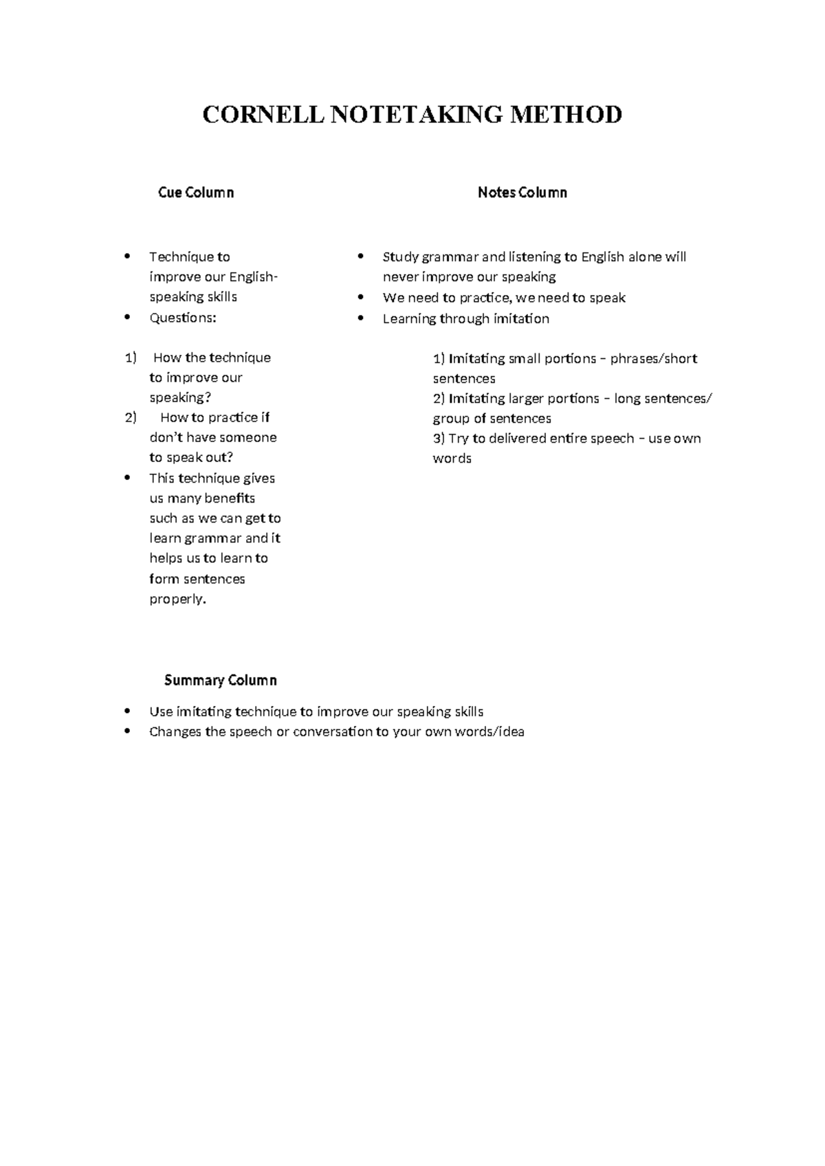 CORNELL NOTETAKING METHOD: Cue Column Technique for English Speaking ...