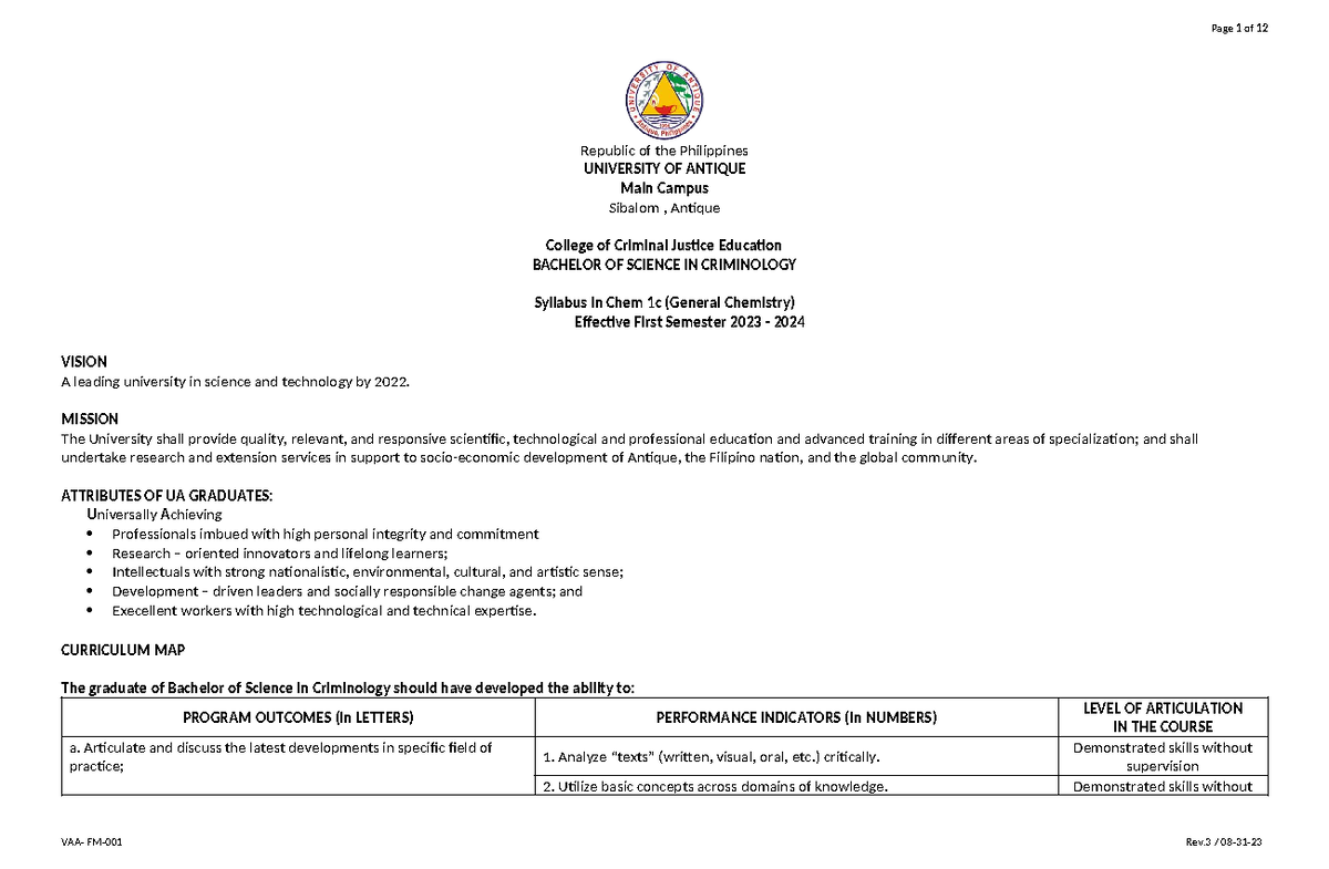 Final Course Syllabus for Chem 1c: General Chemistry 2023-2024 - Studocu