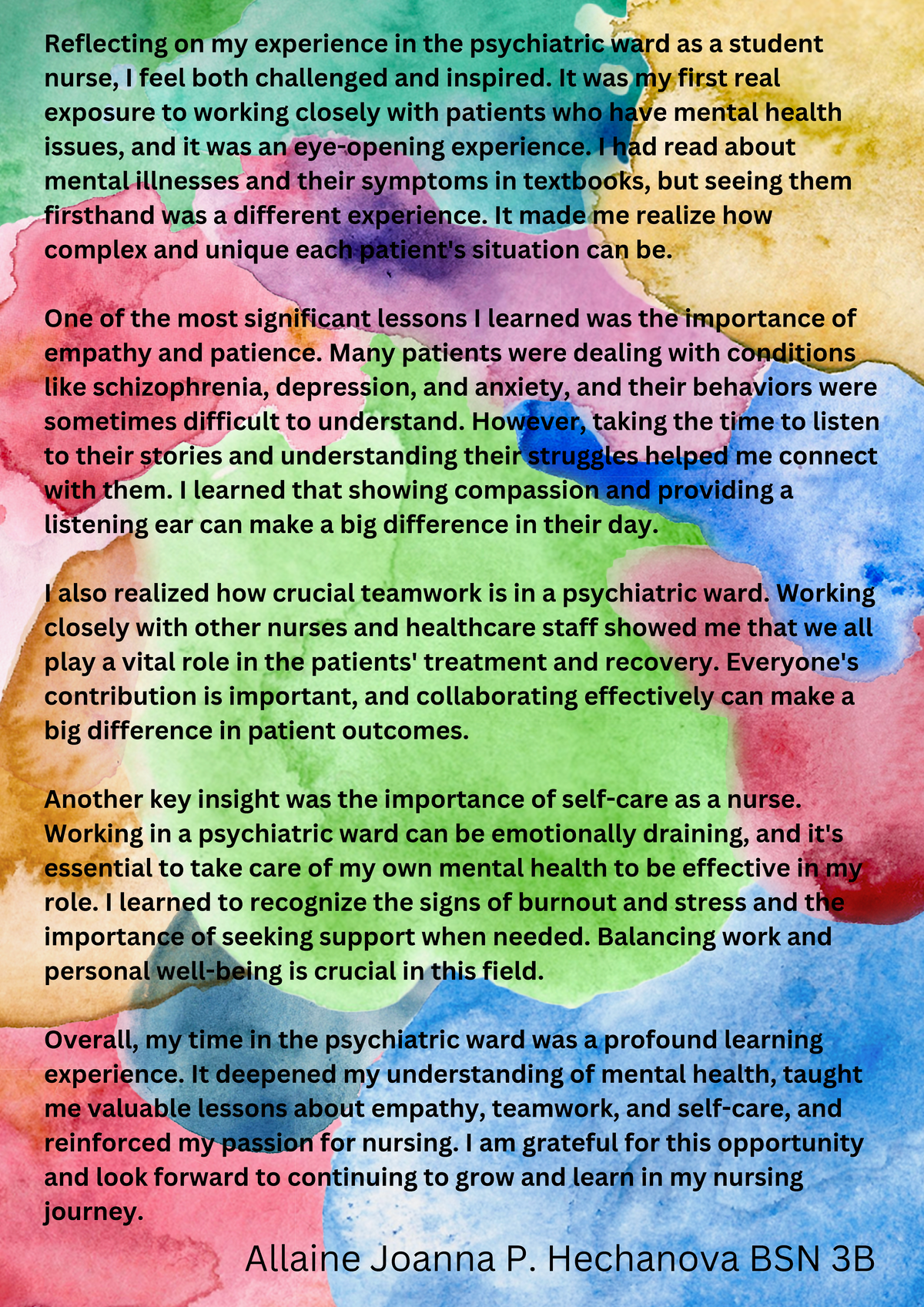 Reflection on Psychiatric Ward Experience - BSN 3B - Studocu