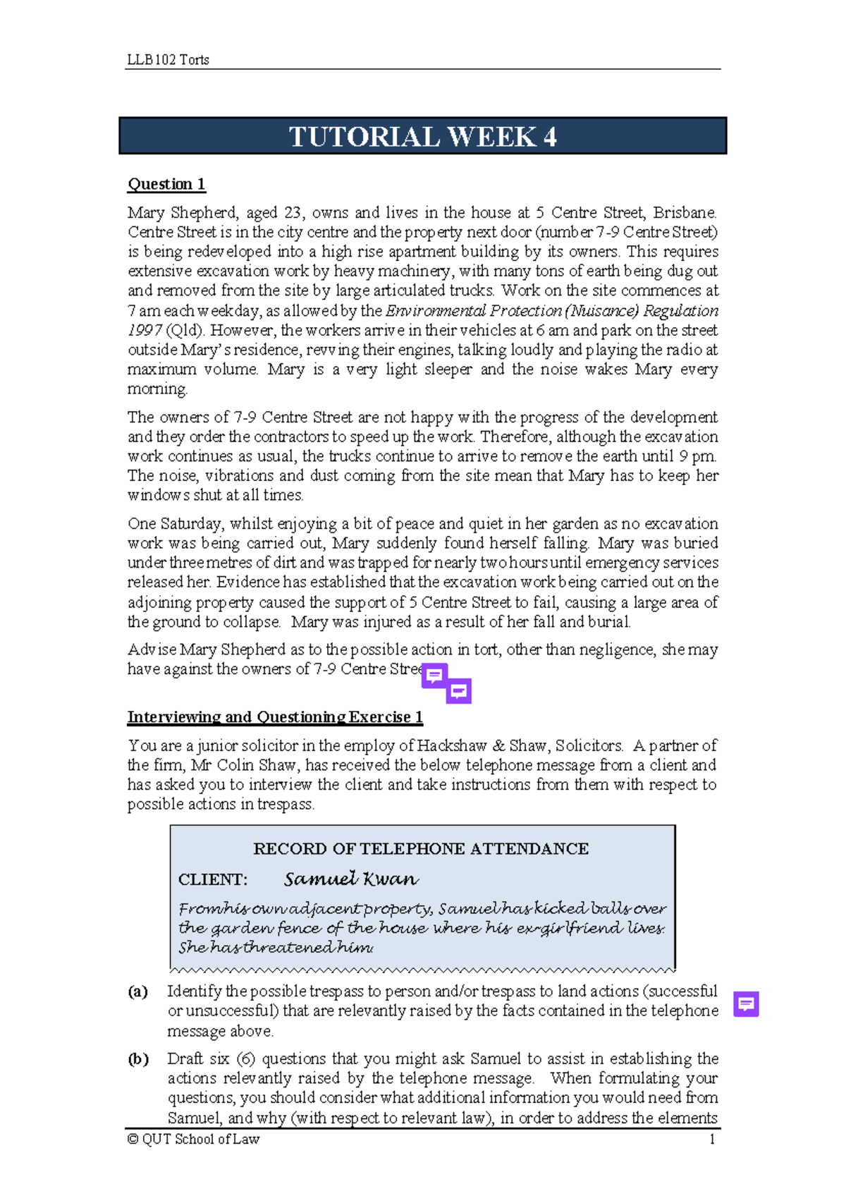 LLB102 Torts Tutorial Week 4: Mary Shepherd's Case Analysis - Studocu