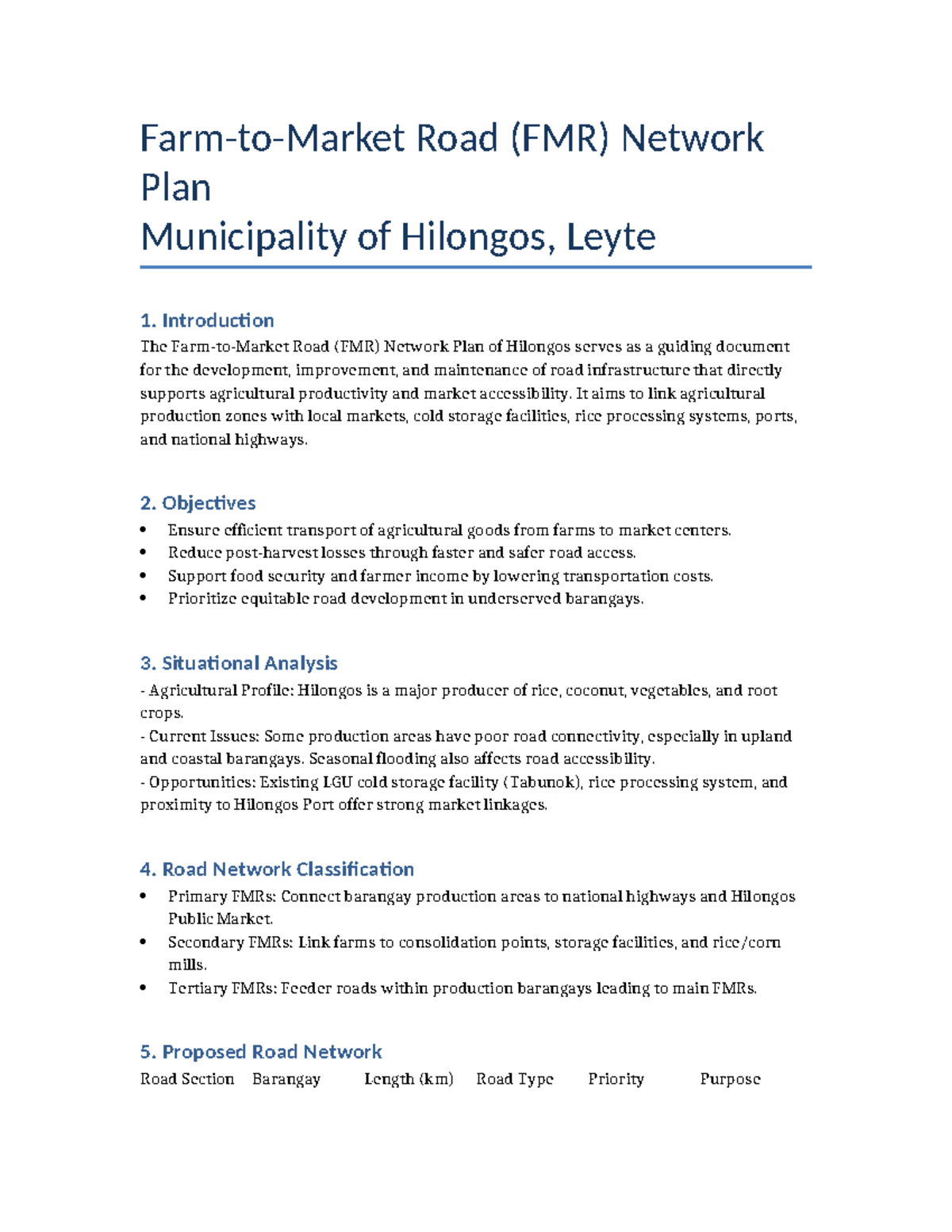 FMR Network Plan for Hilongos, Leyte: Road Infrastructure Development ...