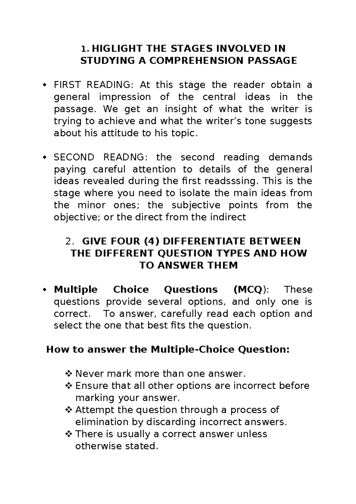 Assignment - Comprehension passage - 1. HIGLIGHT THE STAGES INVOLVED IN ...