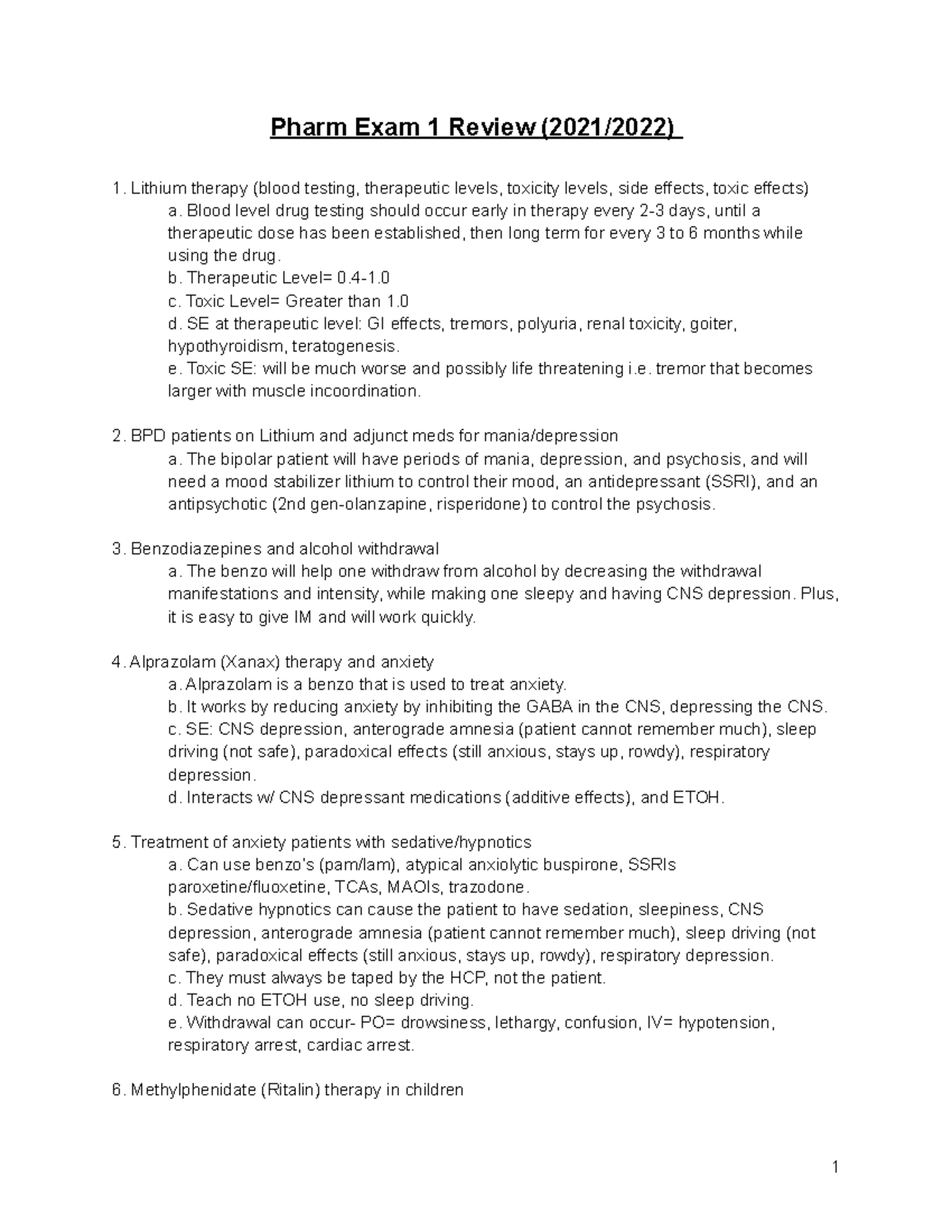 Pharm Exam 1 Review Notes: Key Concepts and Therapeutic Levels - Studocu
