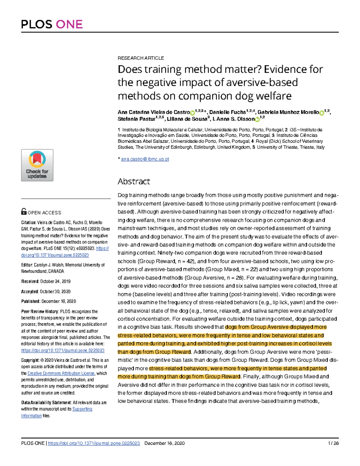PLOS ONE Research: Impact of Training Methods on Companion Dog Welfare ...