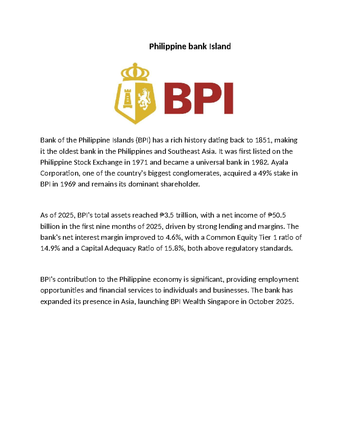 BPI History and Economic Impact: A Case Study on Island Bank - Studocu