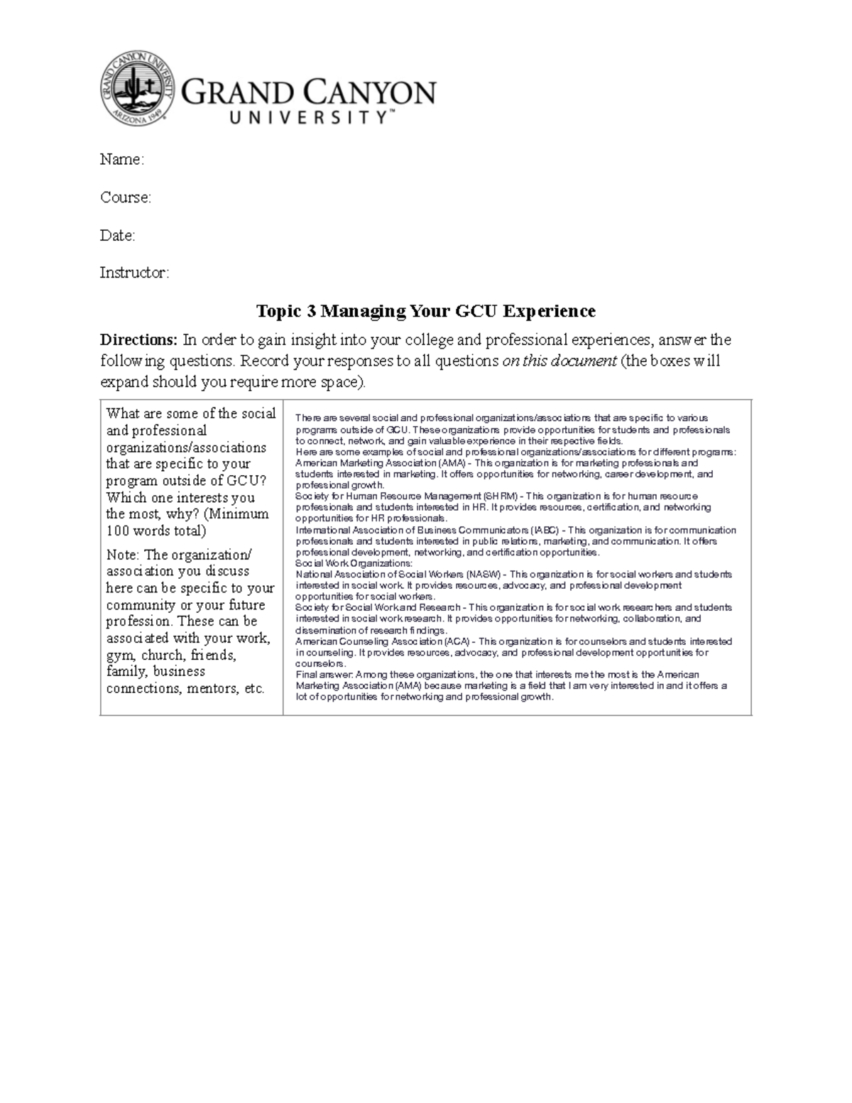 GCU Course Hw: Managing Your College Experience and Involvement - Studocu