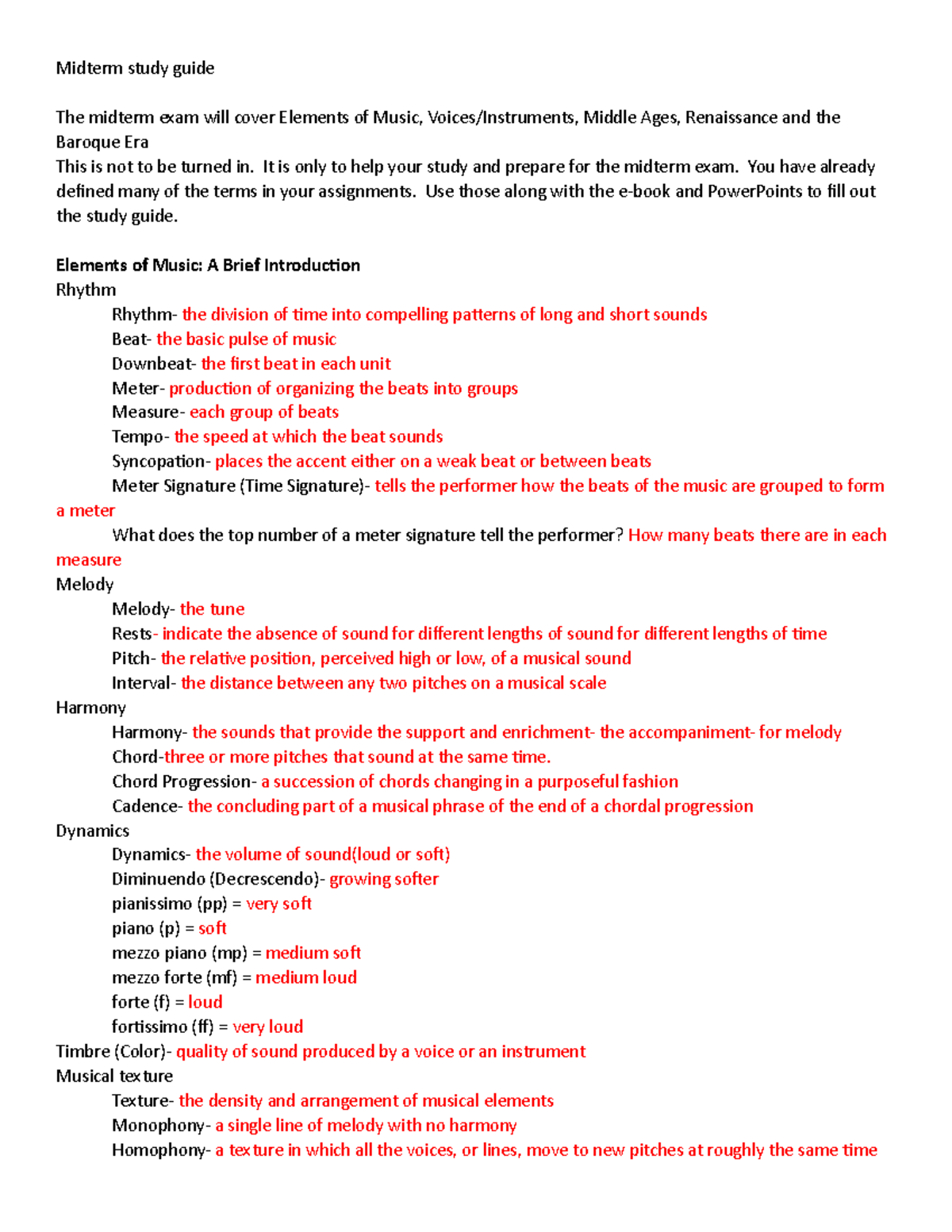Music Appreciation (MUS 101) Midterm Study Guide: Key Concepts & Eras ...