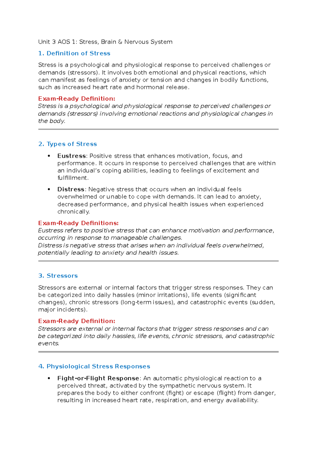Key Definitions - Unit 3 AOS 1: Stress, Brain & Nervous System 1 ...
