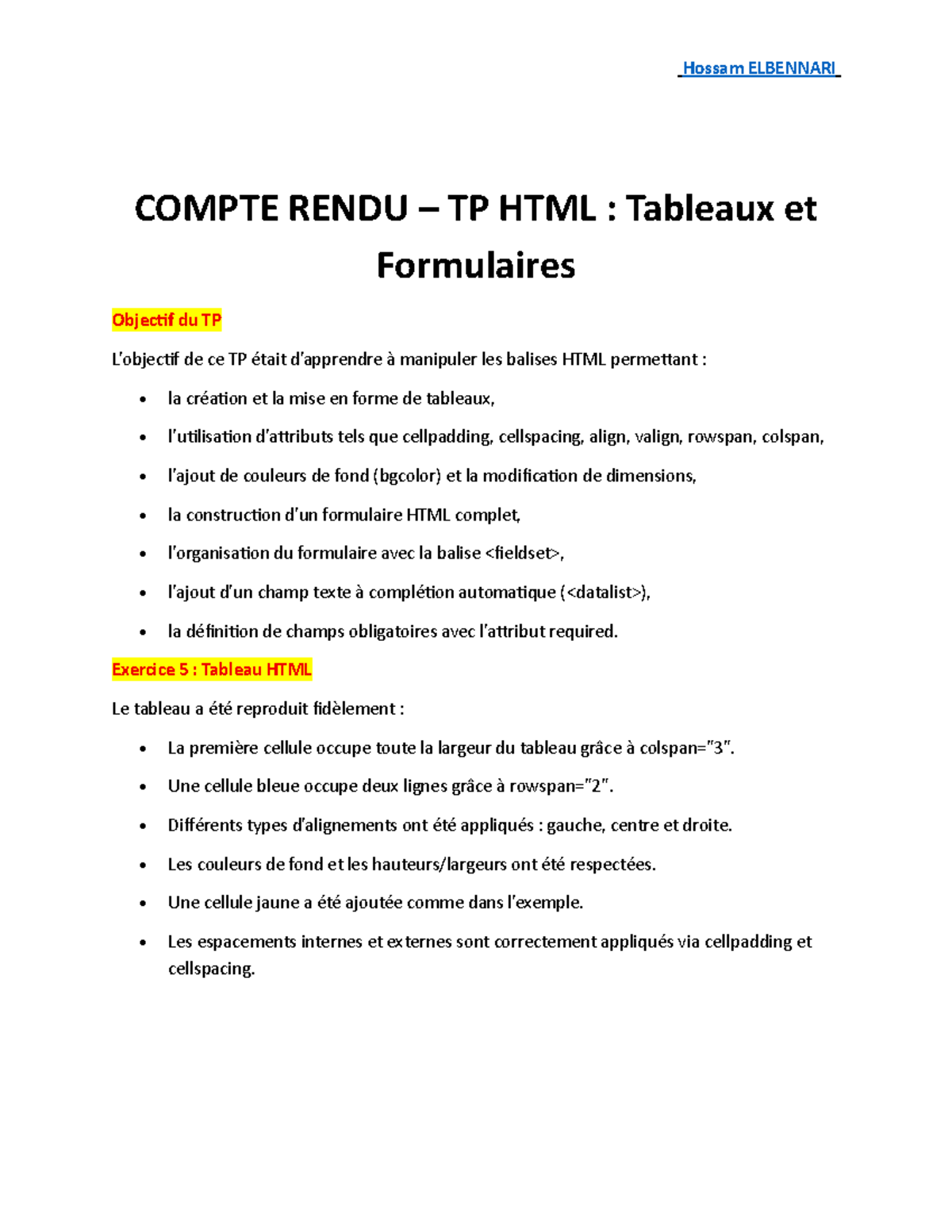 TP HTML : Tableaux et Formulaires - Hossam ELBENNARI - Studocu