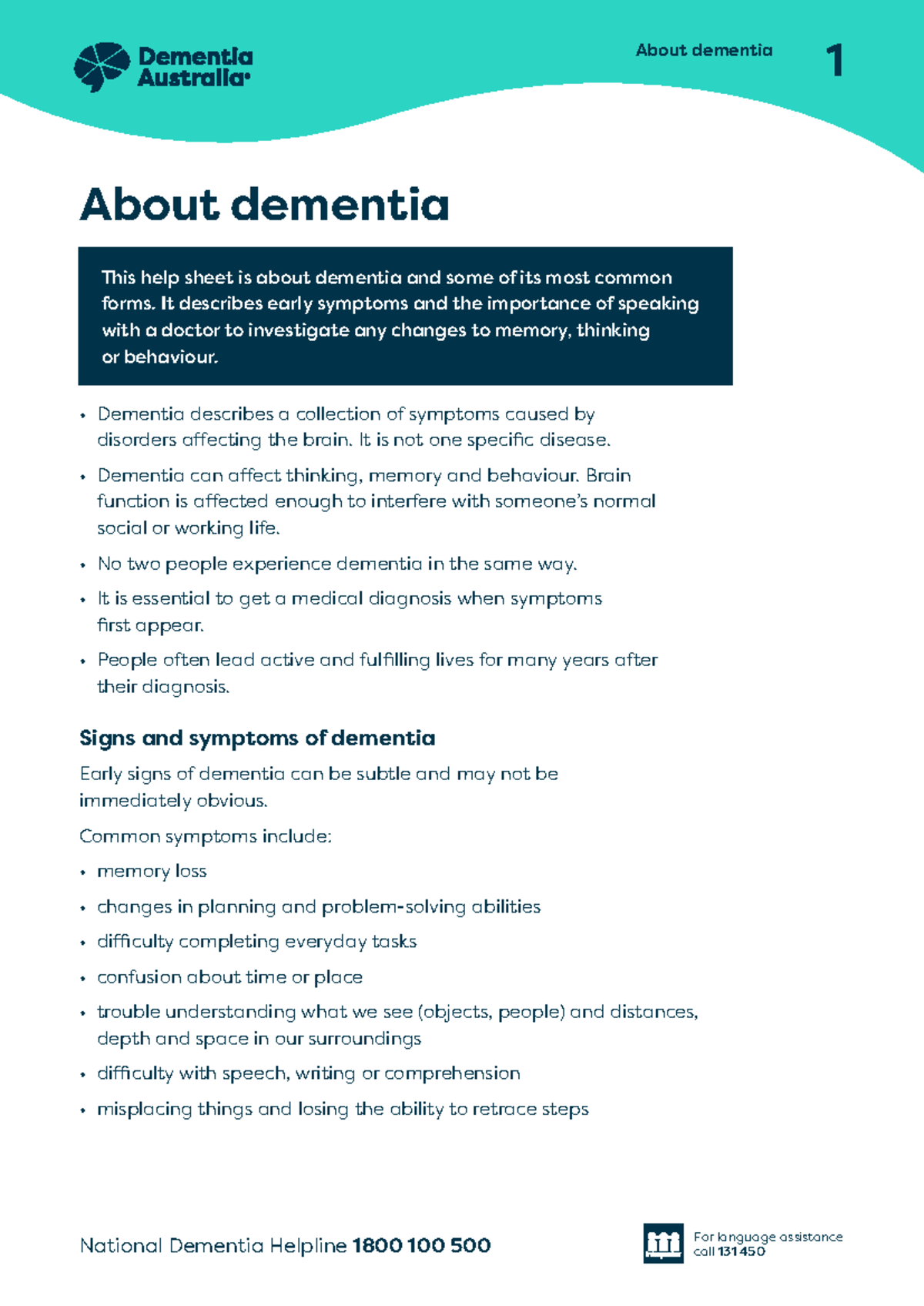 Helpsheet: Understanding Dementia - Symptoms & Support (Dementia 01 ...