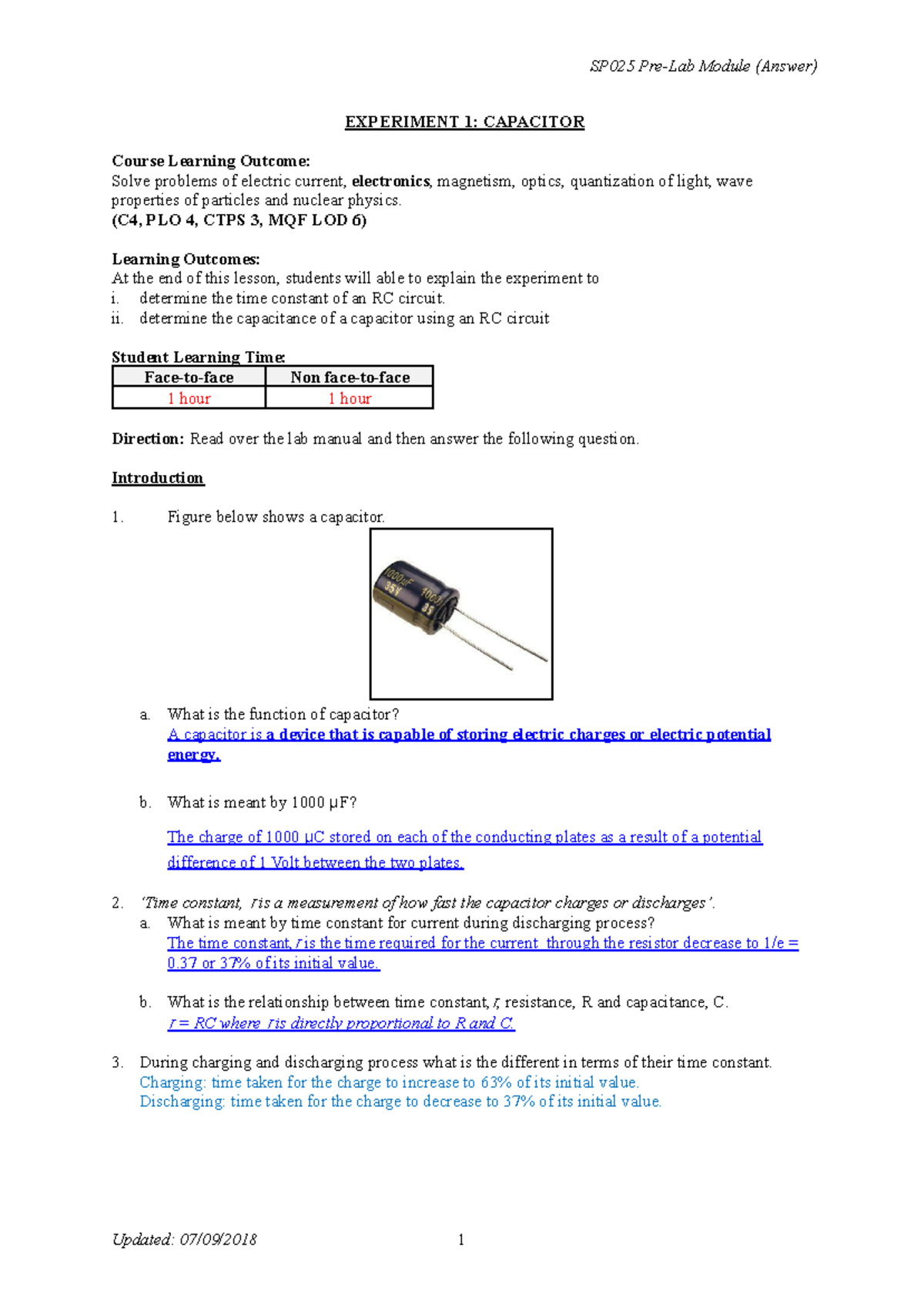 Prelab physics - EXPERIMENT 1: CAPACITOR Course Learning Outcome: Solve ...