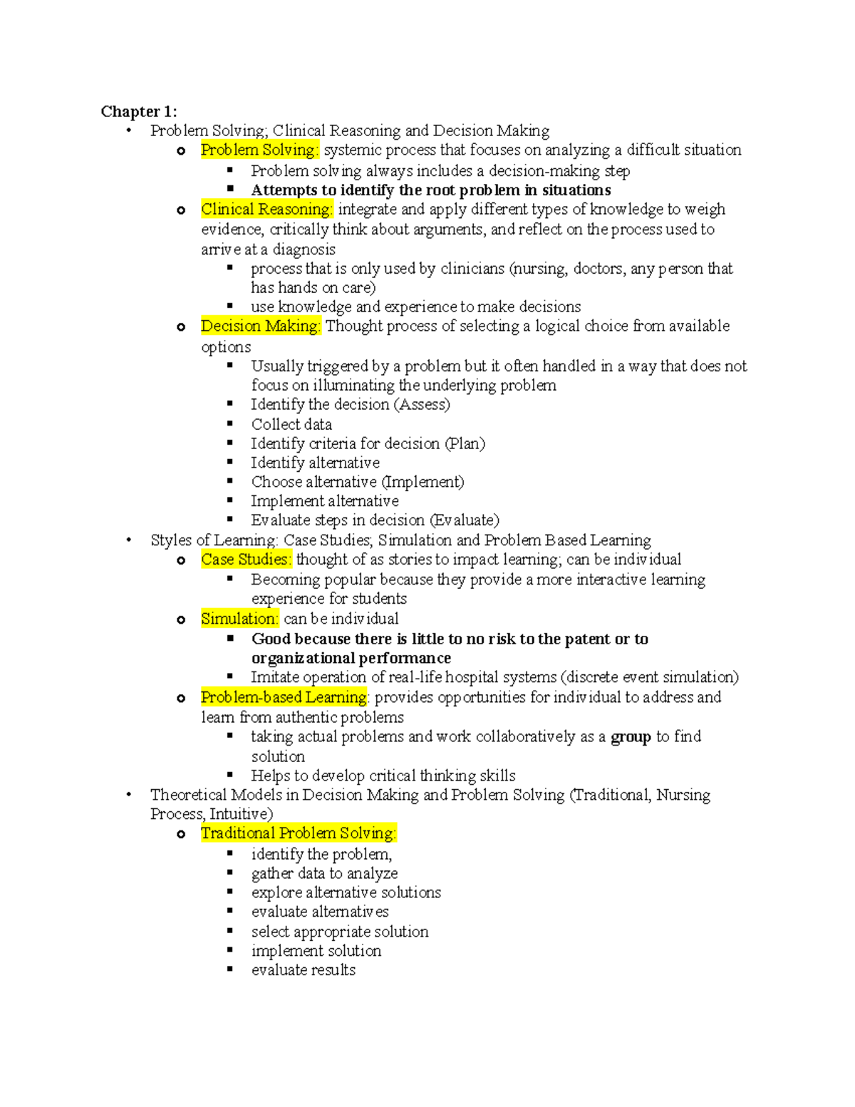 Study Guide Managment - Chapter 1: - Problem Solving; Clinical ...