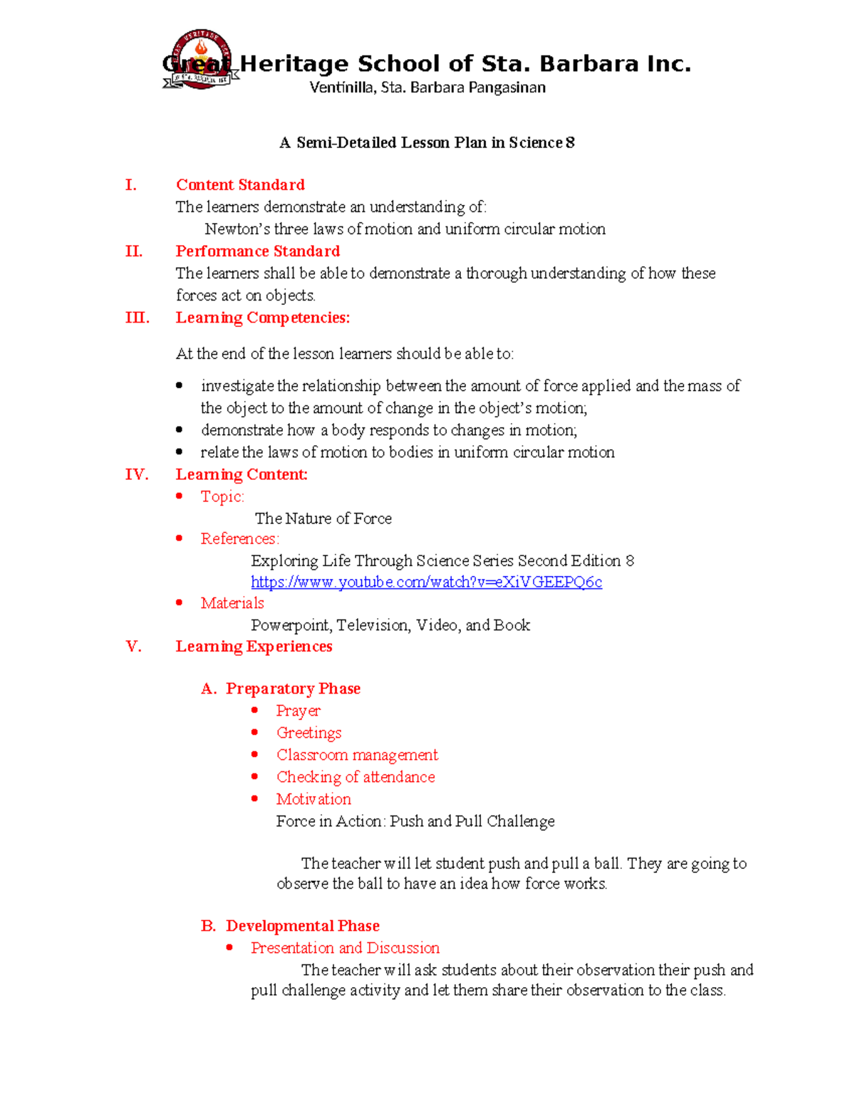 Lesson 1.1 The Nature of Force - Great Heritage School of Sta. Barbara ...