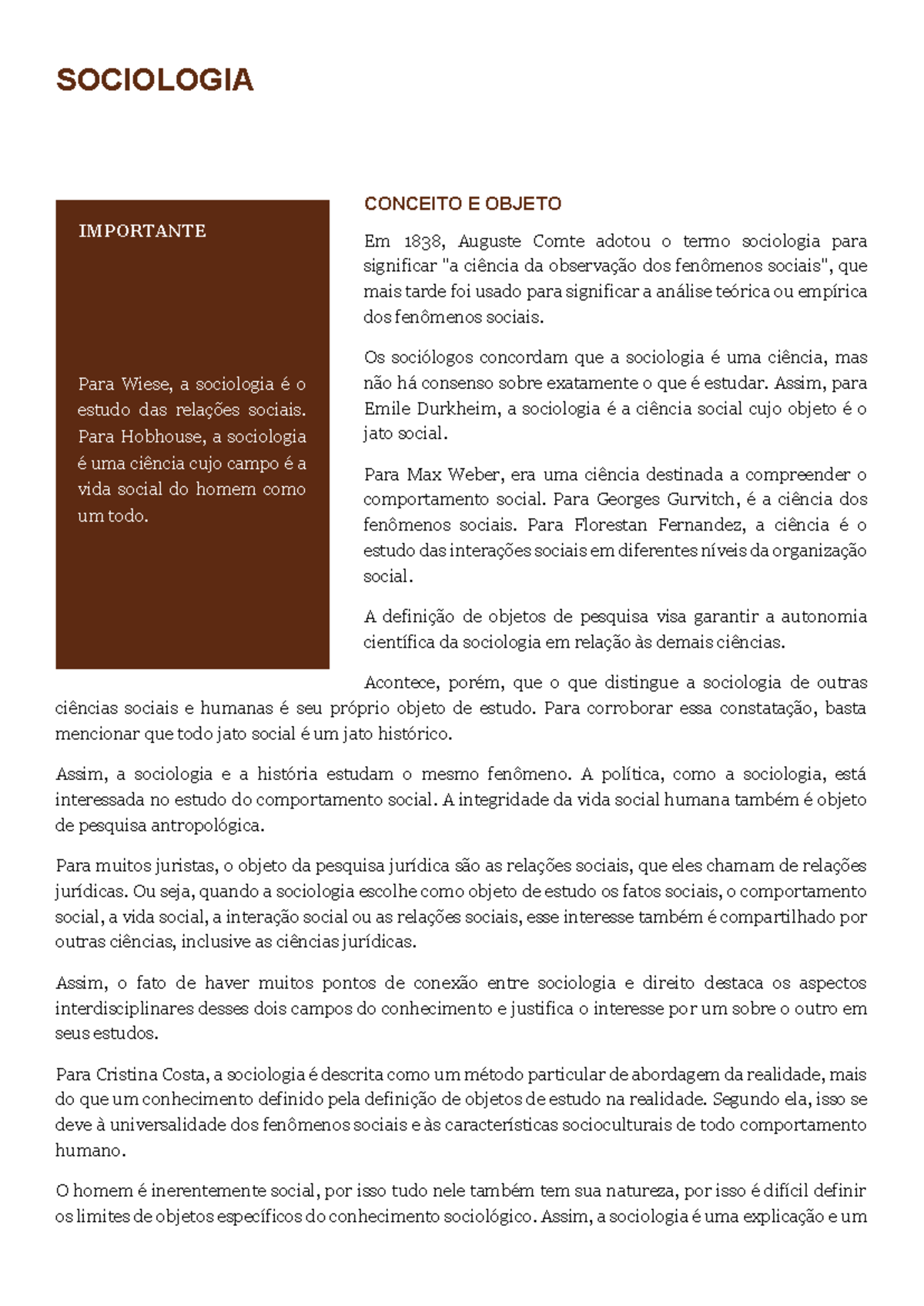 Conceito e Objeto da Sociologia: Uma Análise Crítica e Metodológica ...