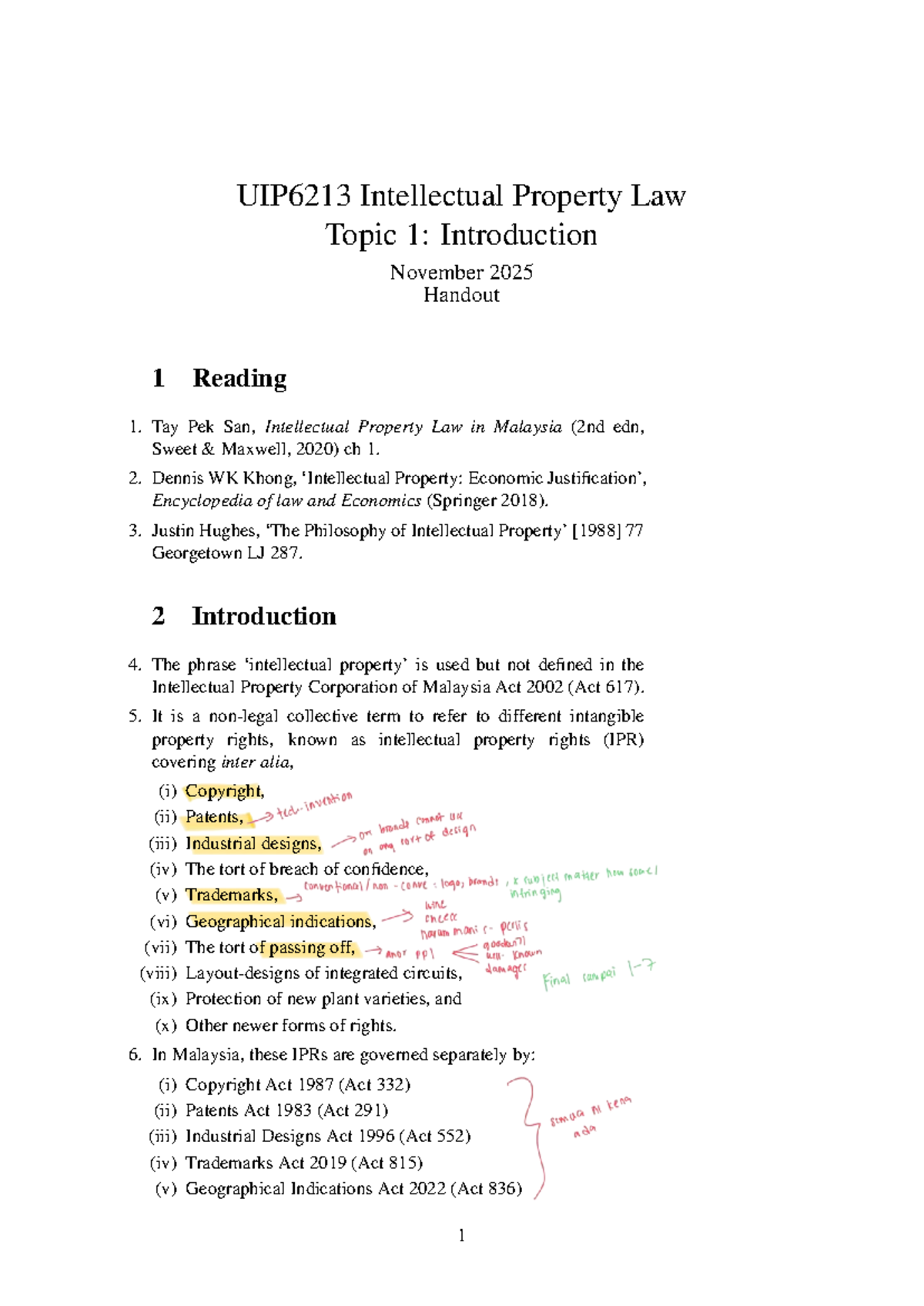 UIP6213 Intellectual Property Law: Topic 1 Introduction Handout - Studocu