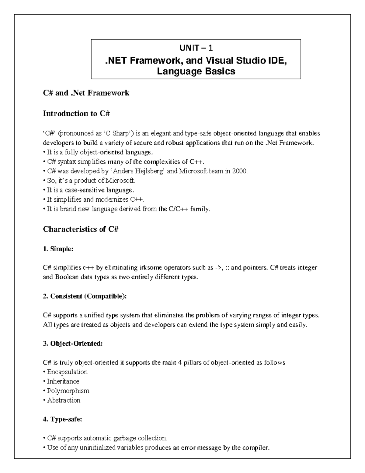 C# - Unit 1: .NET Framework & Visual Studio IDE Overview - Studocu