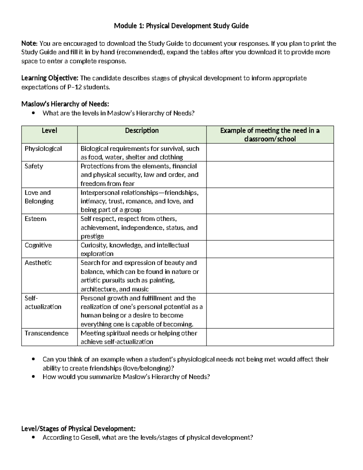 D094 D307 M1 Study Guide 1 - Module 1: Physical Development Study Guide ...