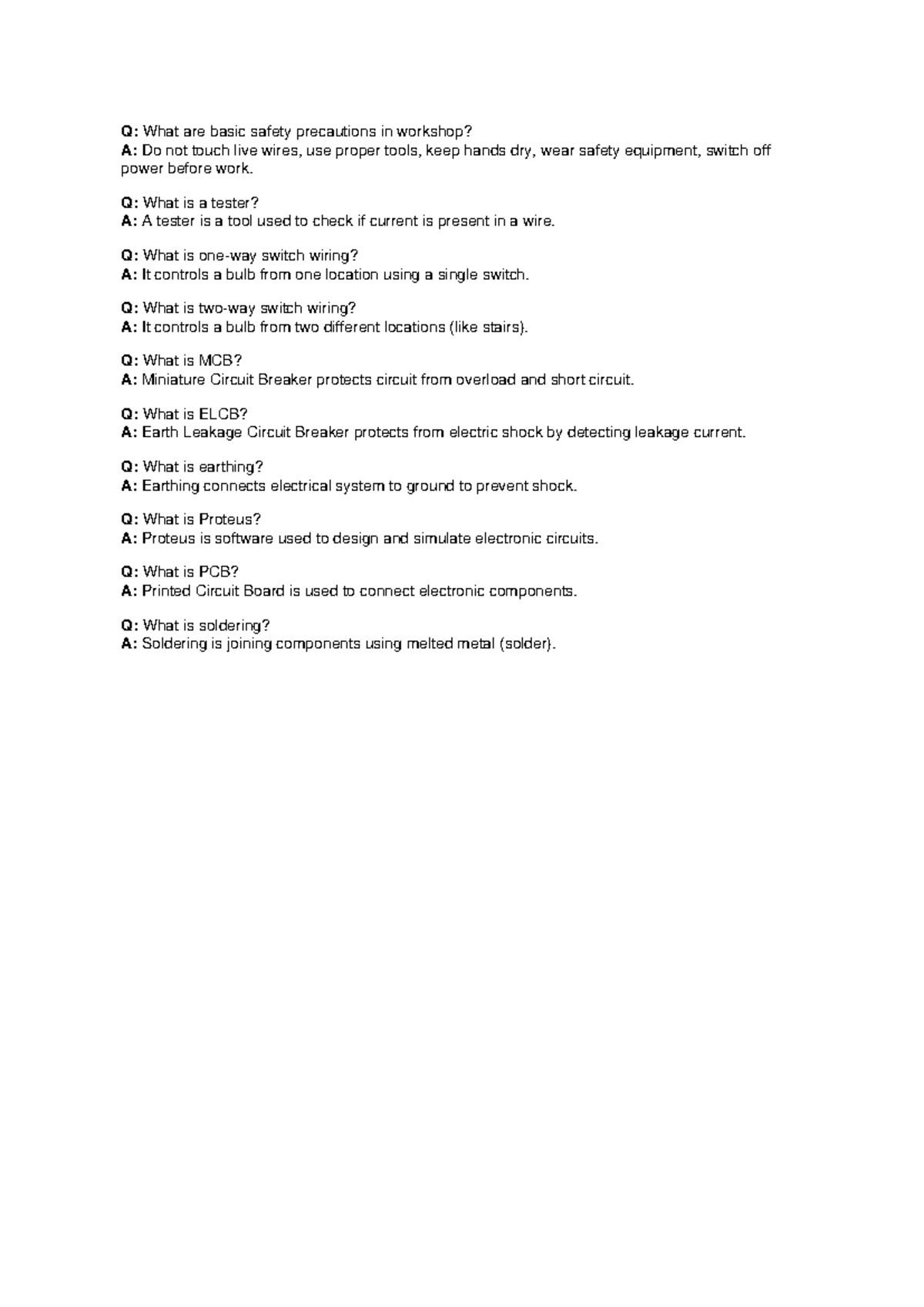 E Workshop Safety & Tools Q&A Guide - Studocu