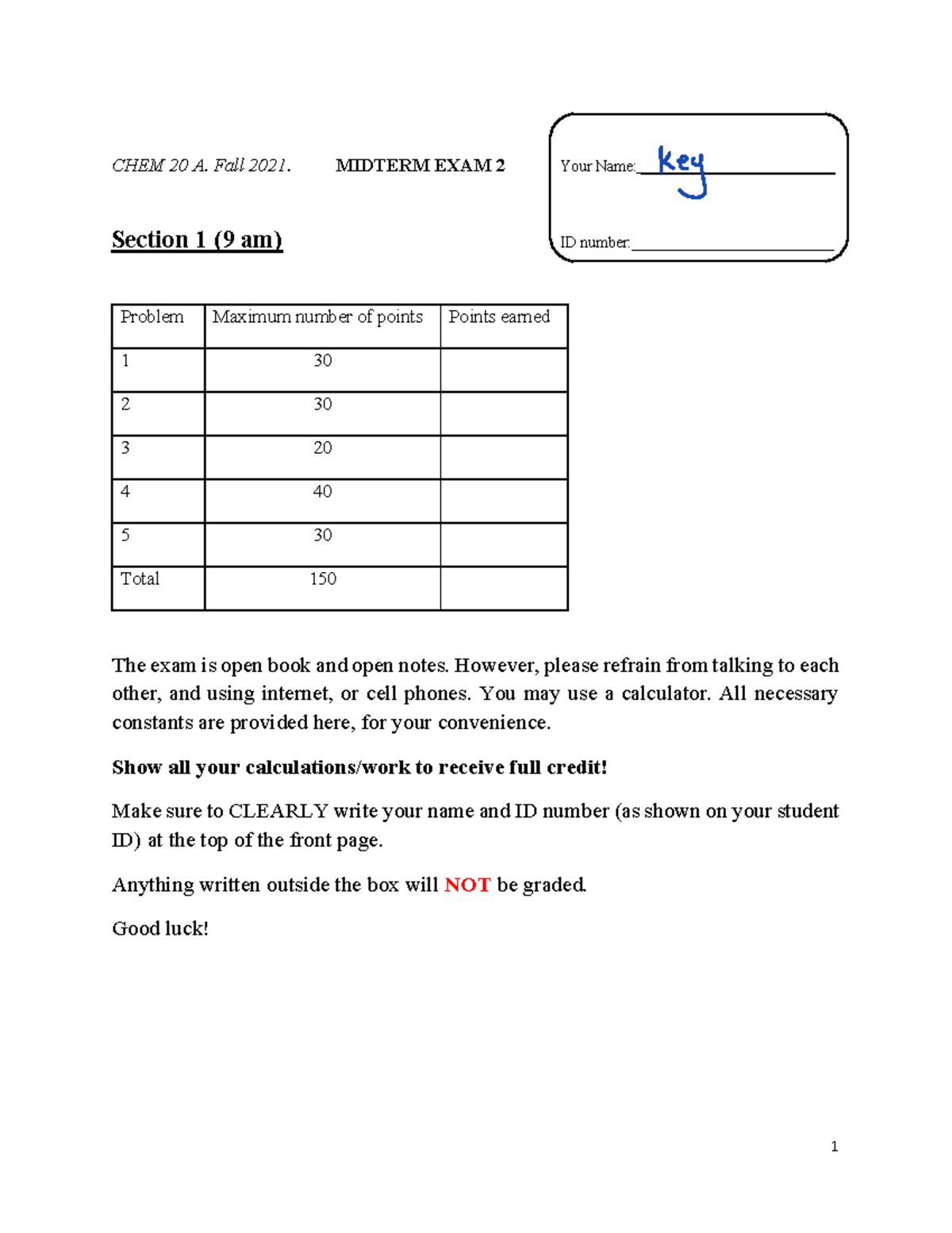 Chem 20A - Midterm Exam 2 (Section 1) - Answer Key & Solutions - Studocu