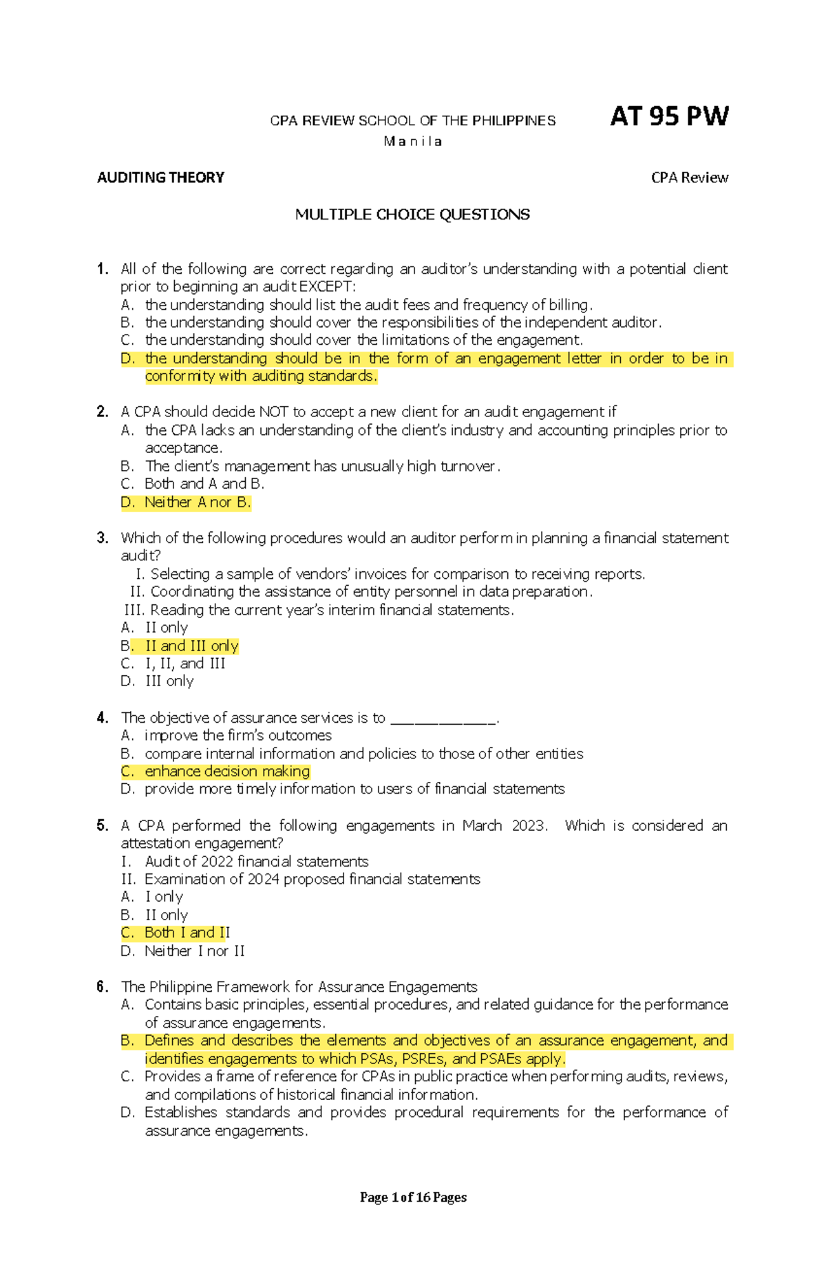 AT 95 PW - Multiple Choice Questions on Auditing Theory - Studocu
