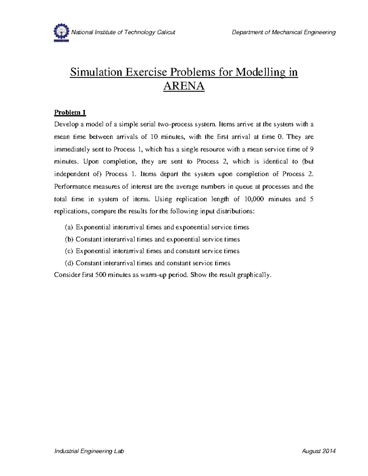 Arena - problems for class - Simulation Exercise Problems for Modelling ...