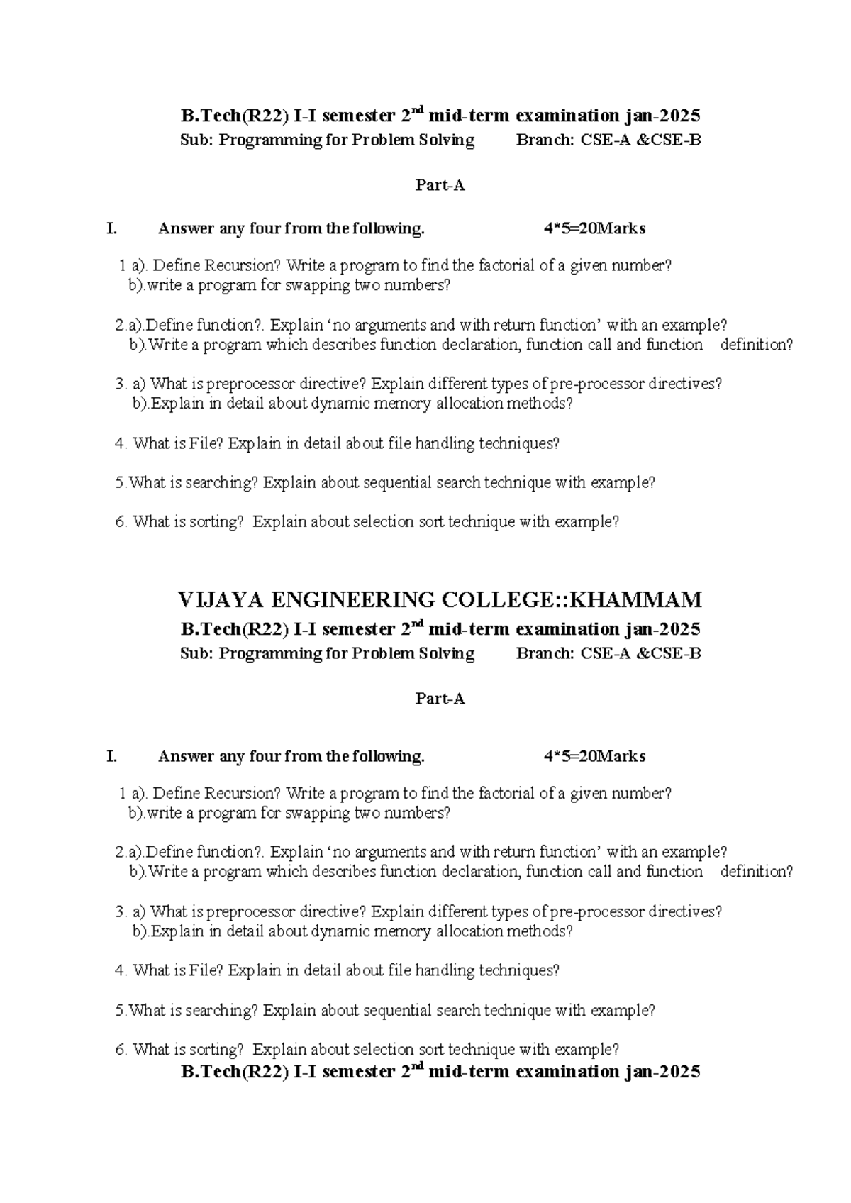 Pps paper 2024-2025 - B(R22) I-I semester 2nd mid-term examination jan ...