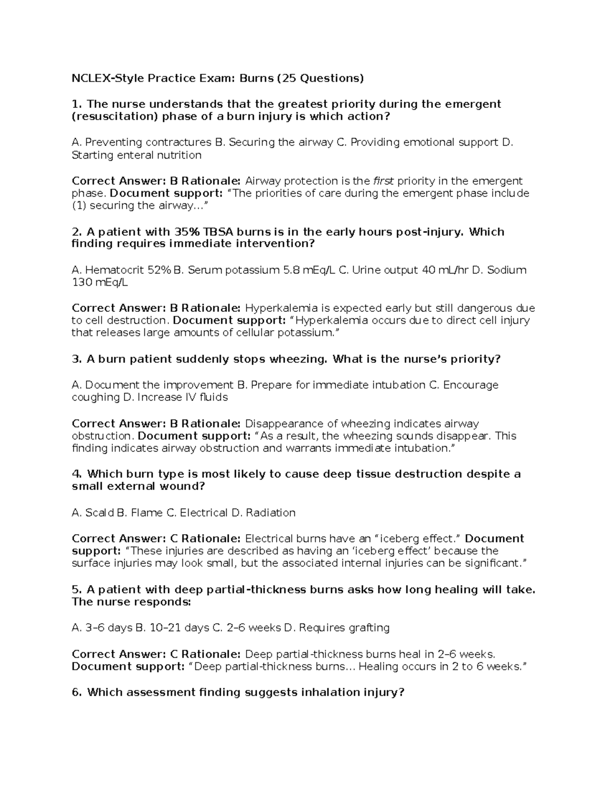 Burns Practice Exam: Key Concepts and Priorities (25 Questions) - Studocu