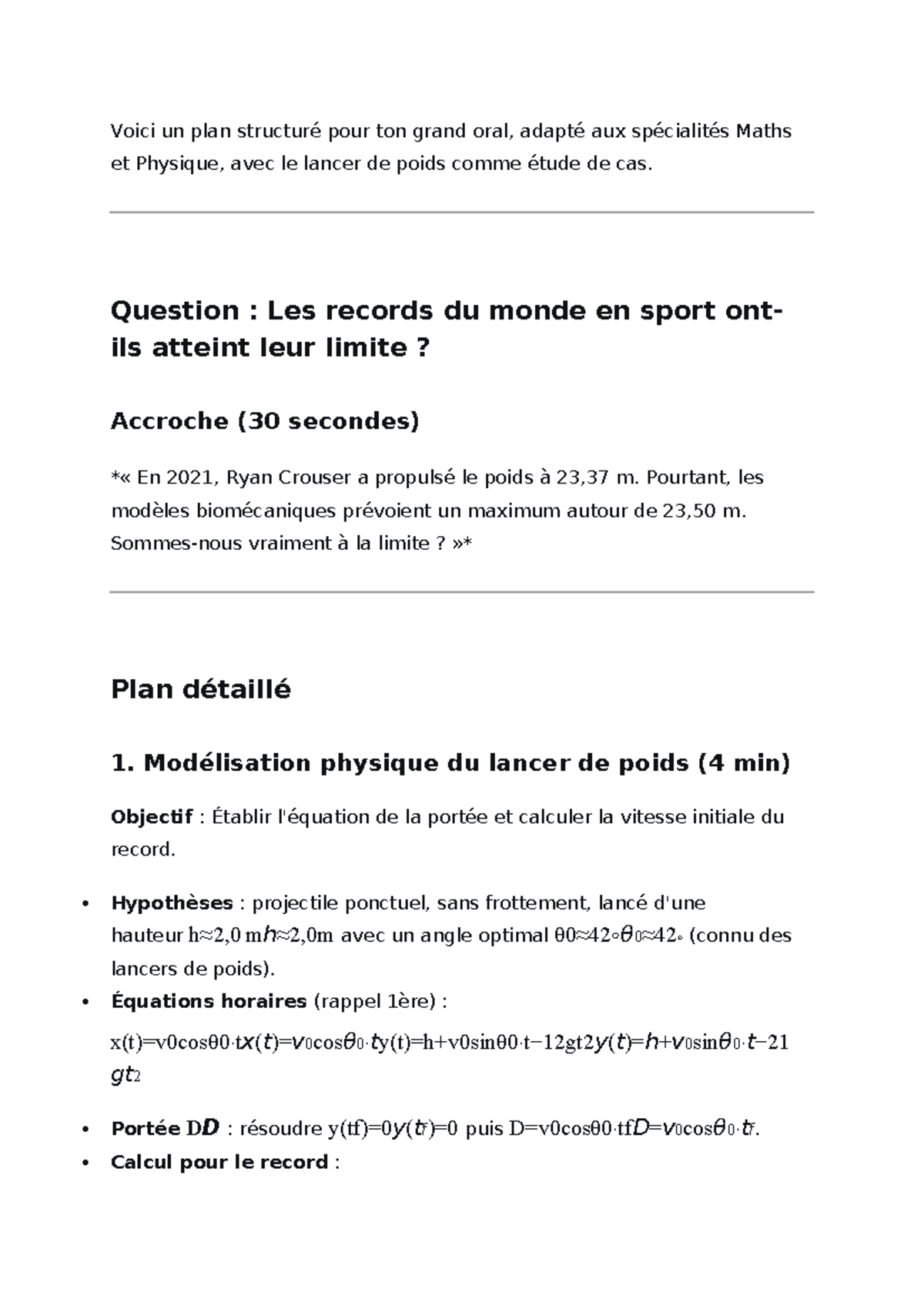 Plan Structuré pour Grand Oral : Lancer de Poids et Limites Sportives ...