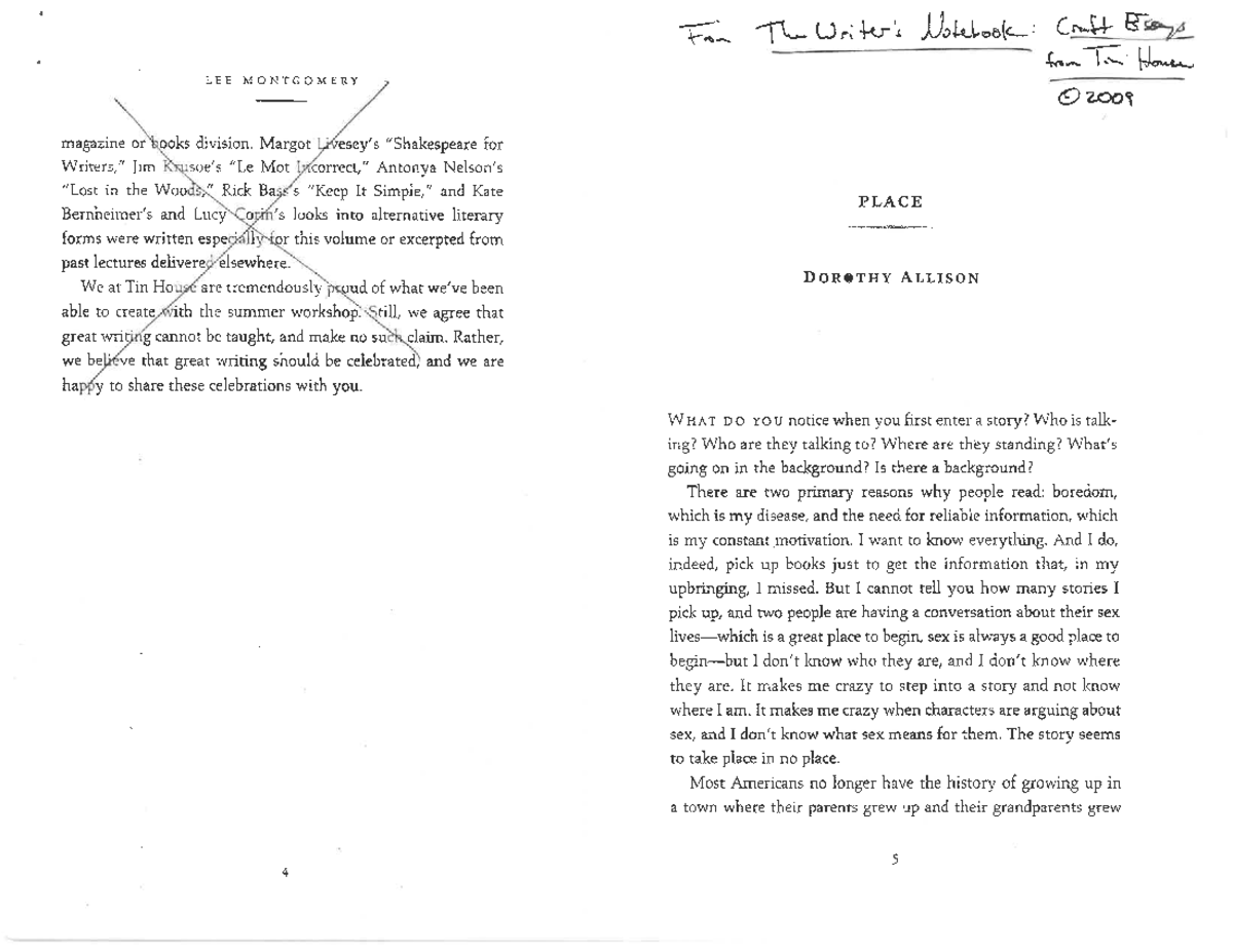 ENG 101: Place - A Short Story by Dorothy Allison - Studocu