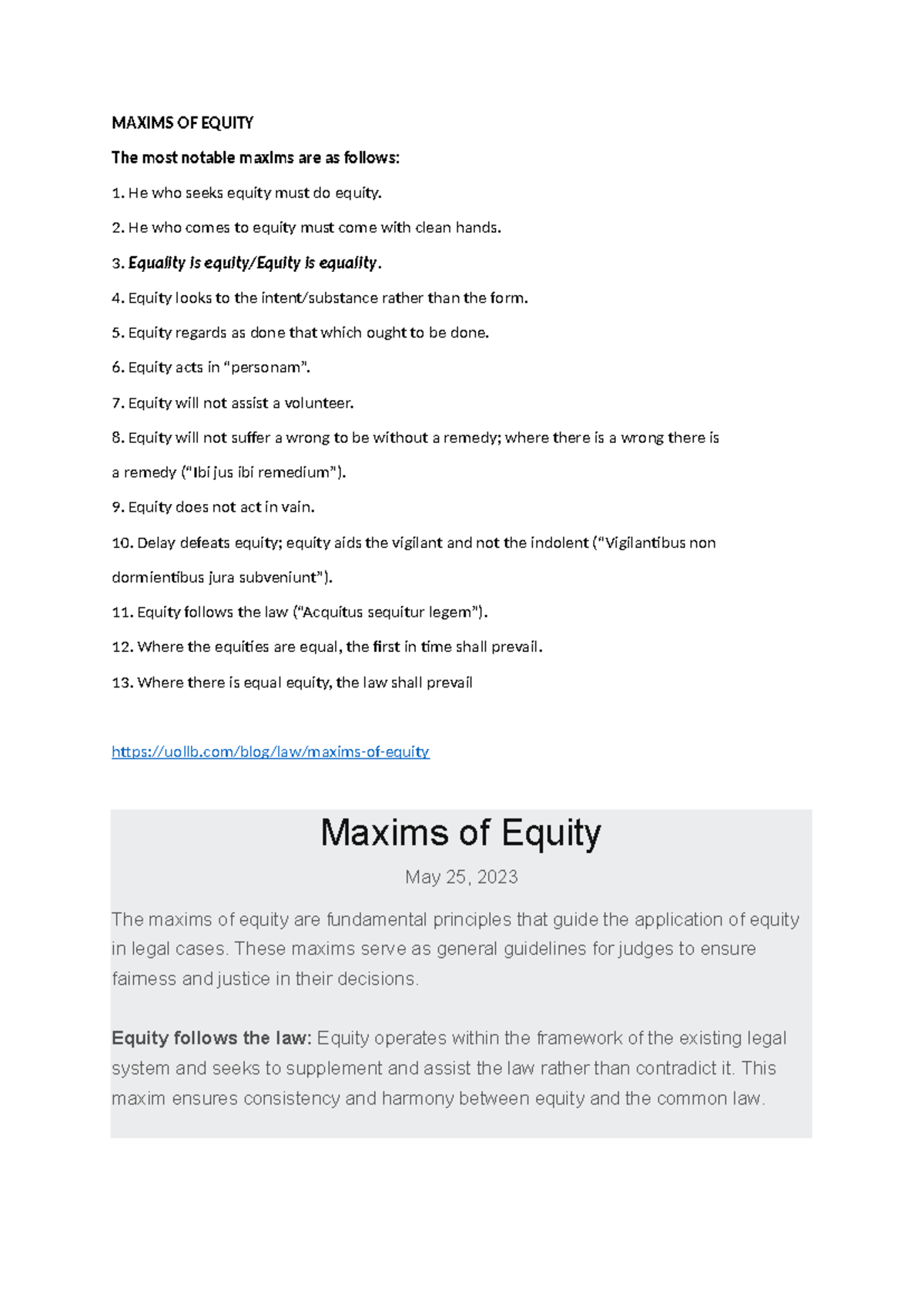 Maxims of Equity: Key Principles and Their Applications - Studocu