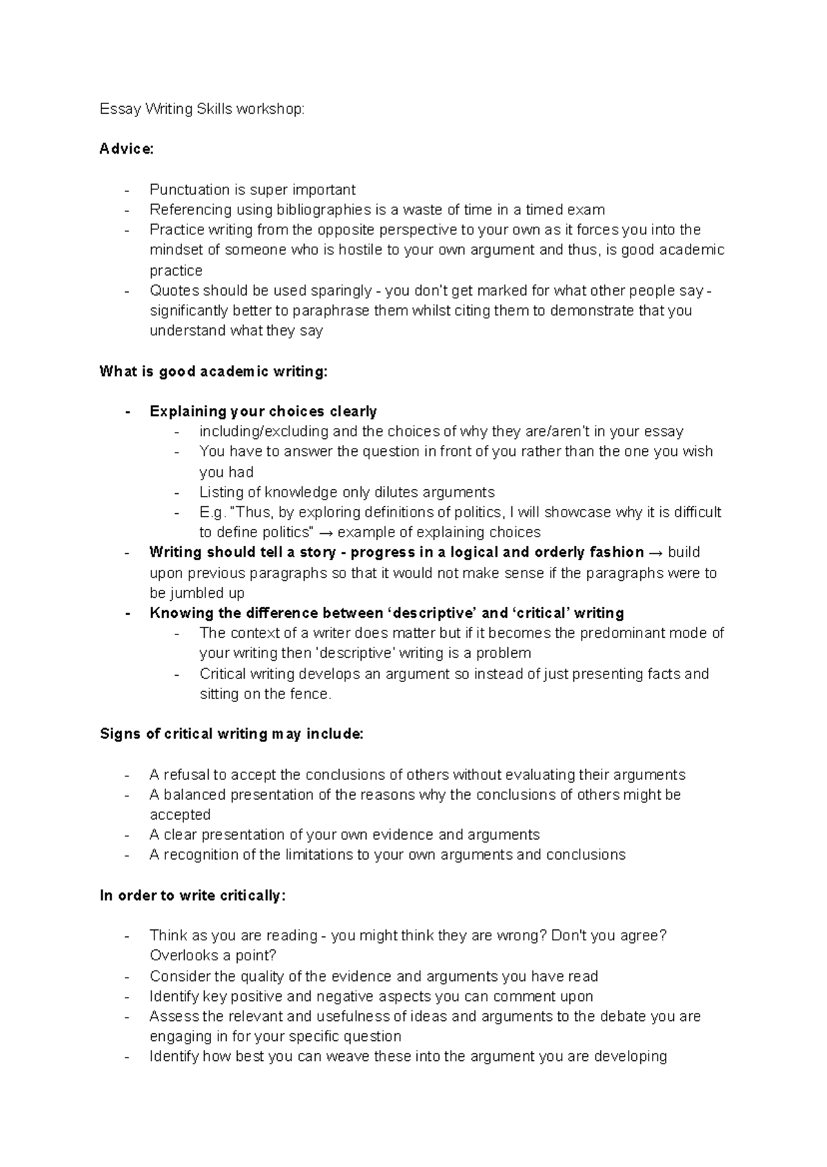 Effective Essay Writing Skills Workshop: Tips and Techniques - Studocu