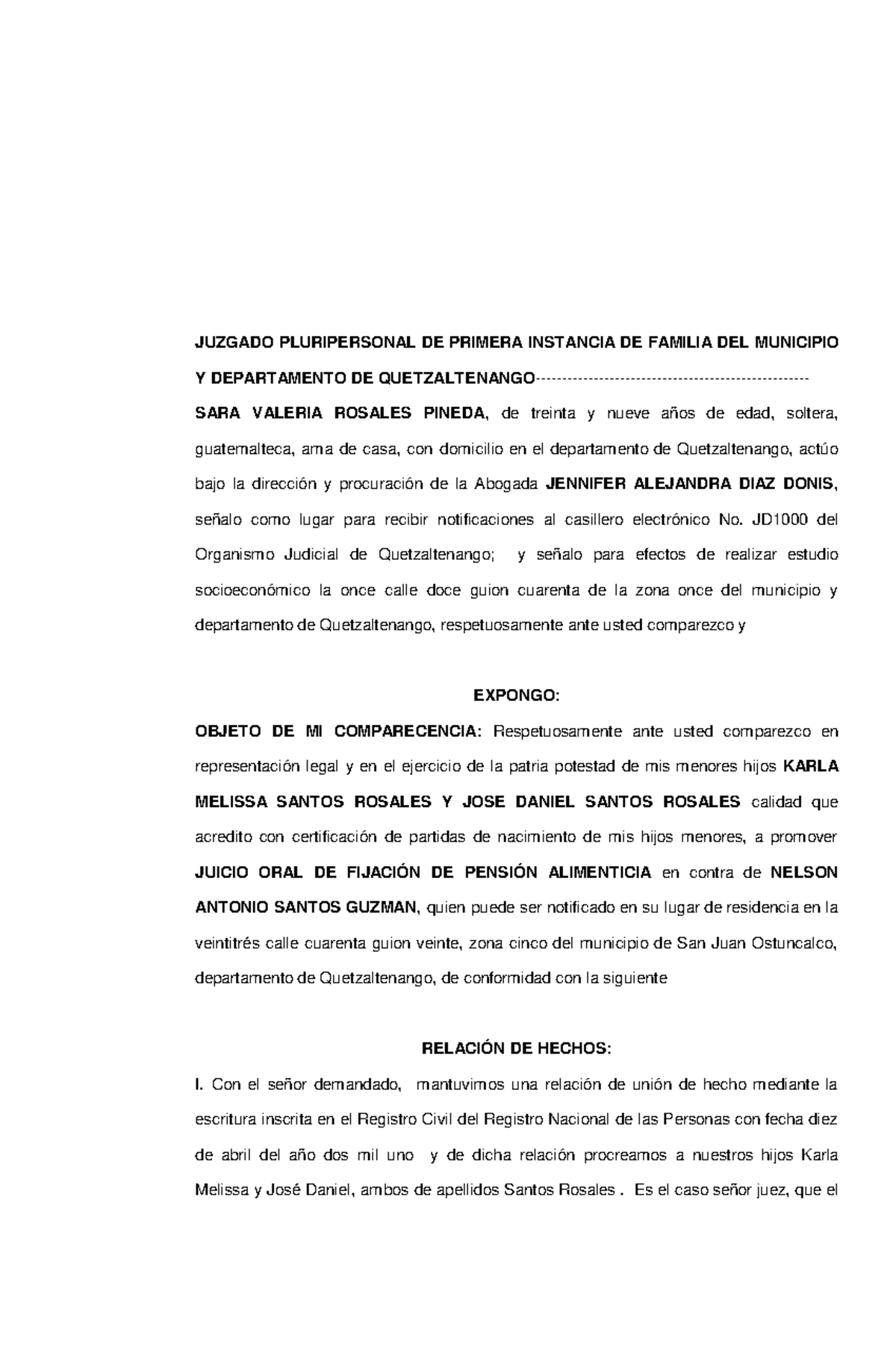 Juicio Oral de Fijación de Pensión Alimenticia - Quetzaltenango - Document Preview
