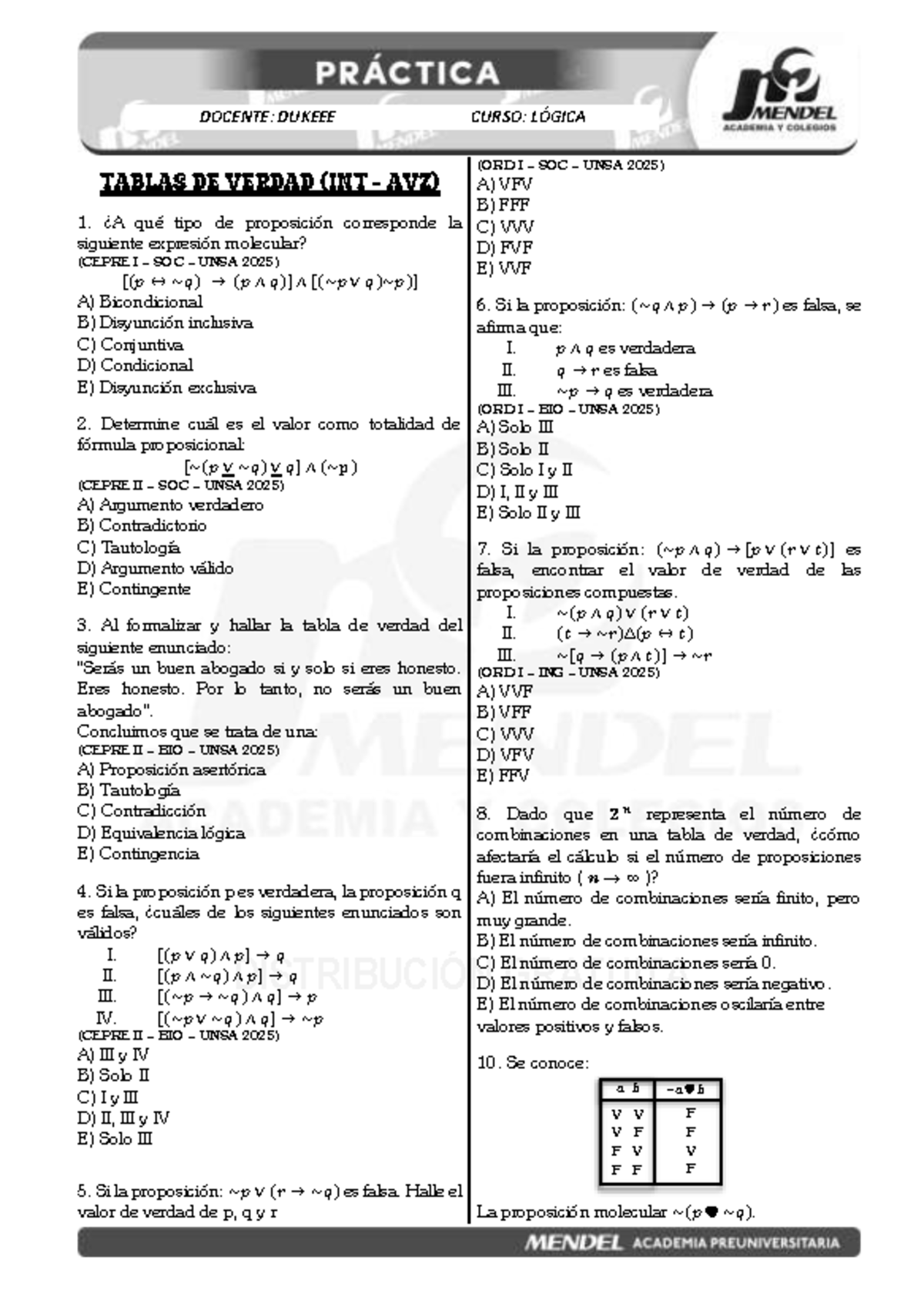 Tablas de Verdad (INT AVZ) - Lógica (ORD I SOC UNSA 2025) - Document Preview