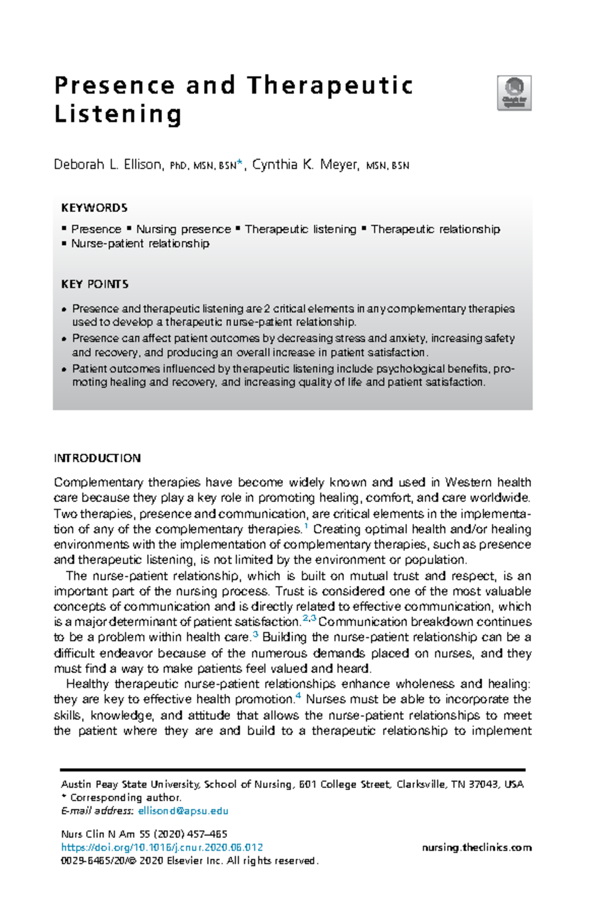 NRS 501: Presence and Therapeutic Listening in Nursing Practice - Studocu