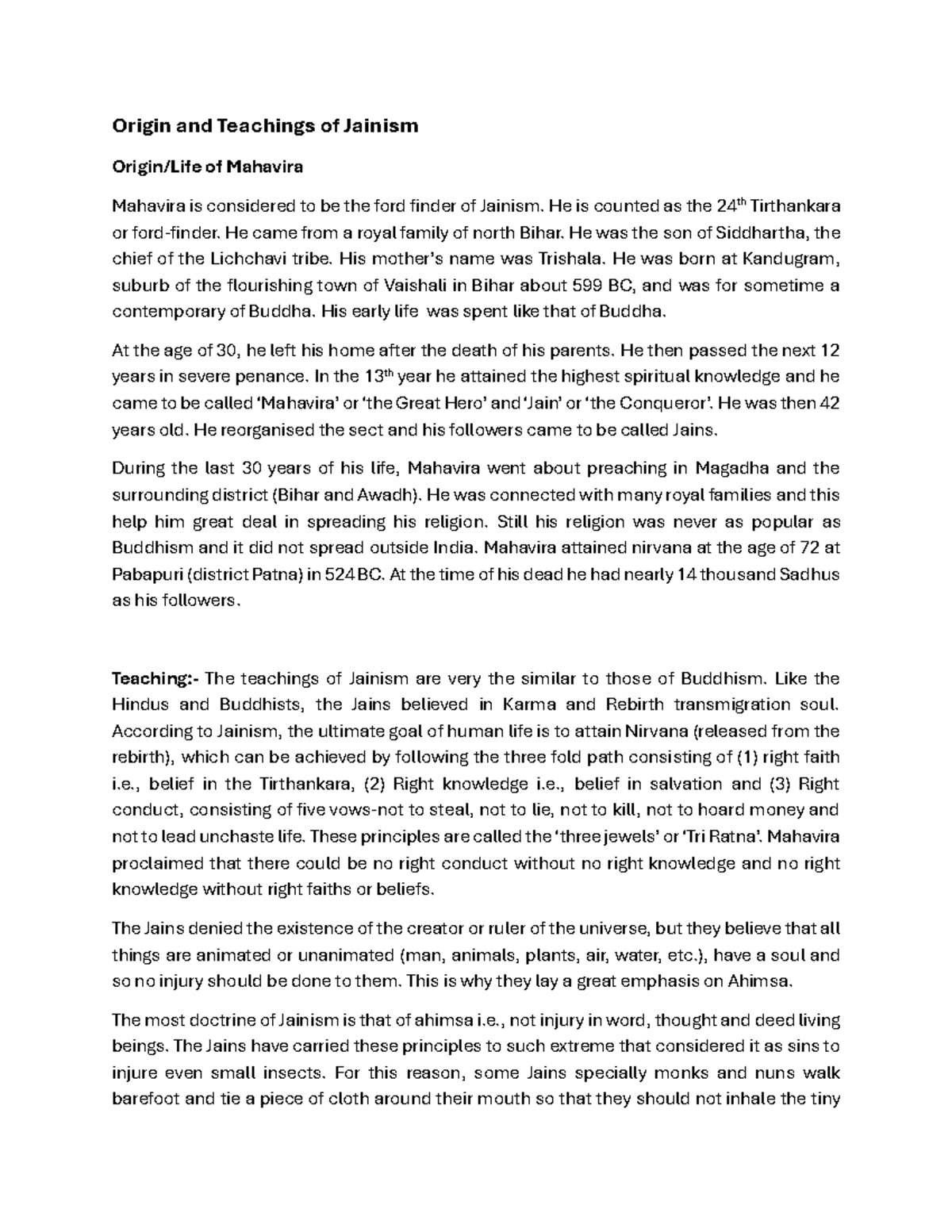 Jainism: Teachings and Life of Mahavira - Study Notes - Studocu