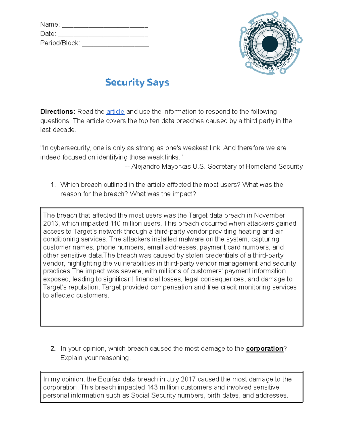 Copy of Security Data Breaches Analysis Activity 2023 - Studocu