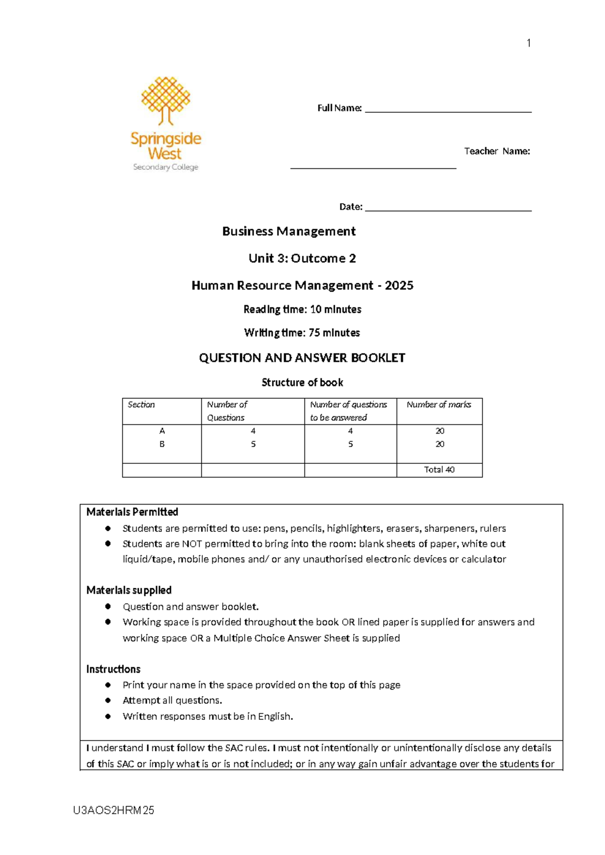 2025 U3AOS2HRM25 Business Management Unit 3 Practice SAC - Studocu