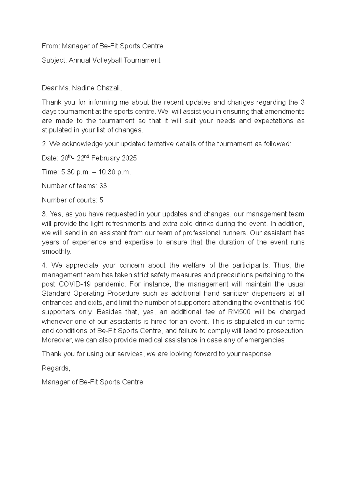 practical formal email - From: Manager of Be-Fit Sports Centre Subject ...