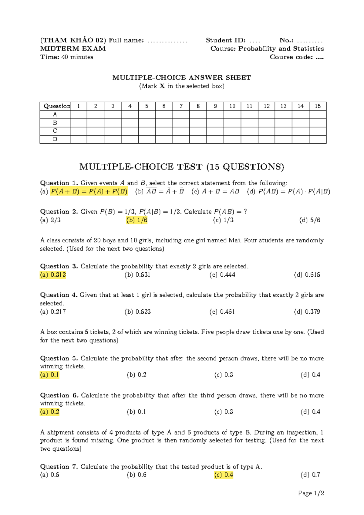 (THAM KHẢO 02) Midterm Exam Review for Probability and Statistics (XSTK ...