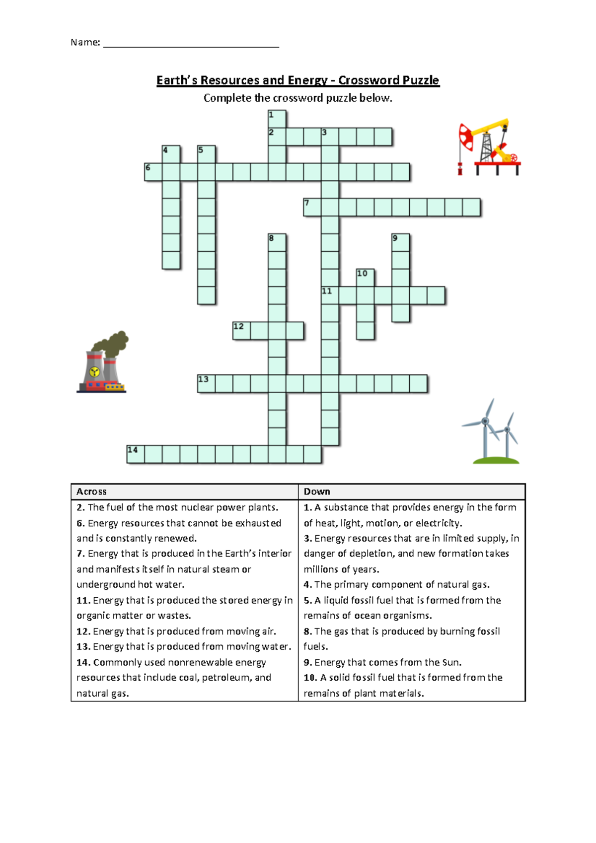 Earth's resources and energy crossword puzzle - name: earth's ...